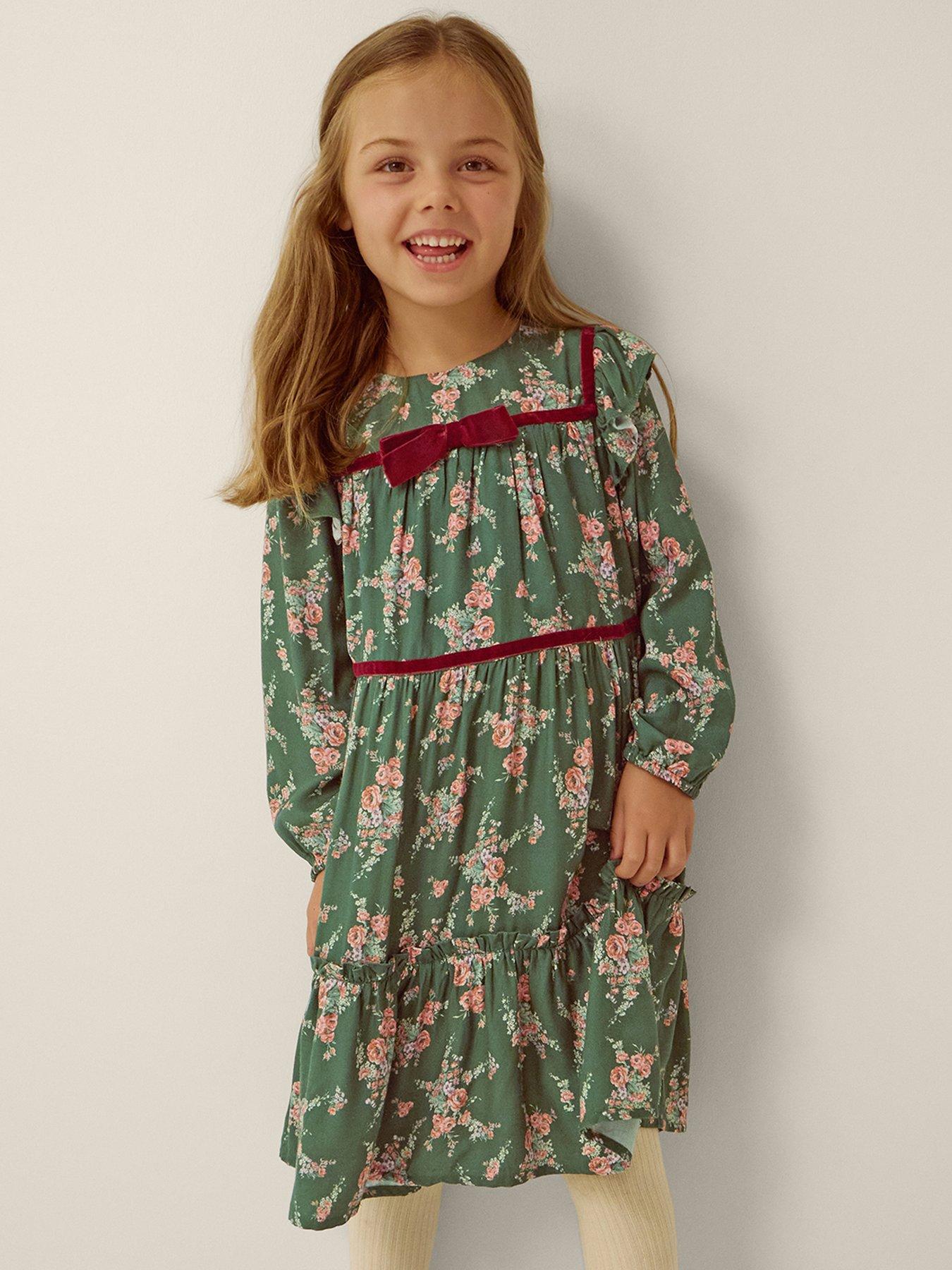 Image 1 of 4 of Monsoon Girls' Floral Print Viscose Dress with Velvet Trim - Green