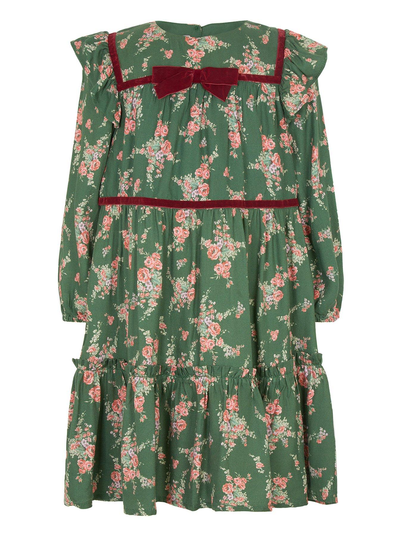 Image 2 of 4 of Monsoon Girls' Floral Print Viscose Dress with Velvet Trim - Green