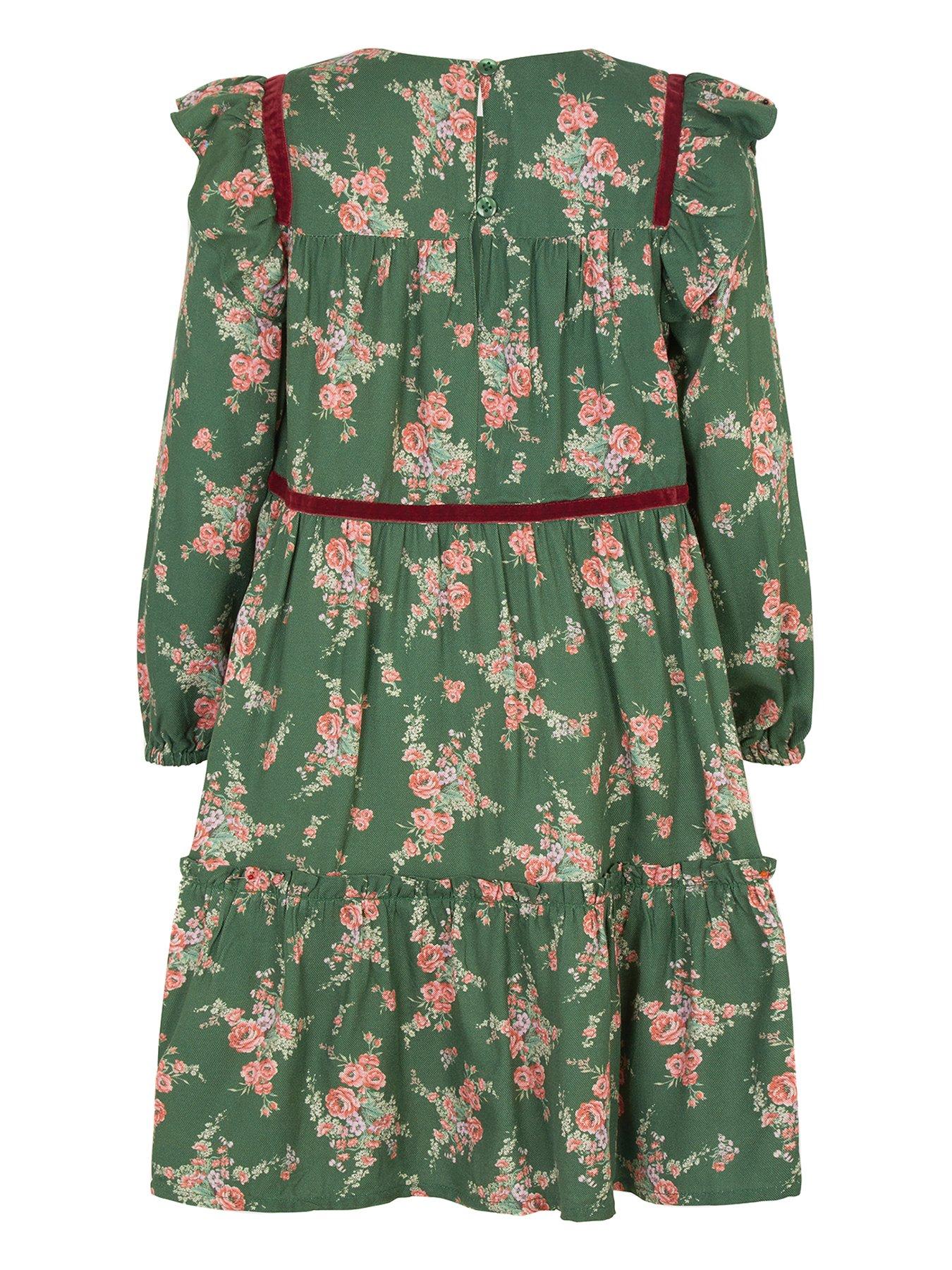 Image 3 of 4 of Monsoon Girls' Floral Print Viscose Dress with Velvet Trim - Green