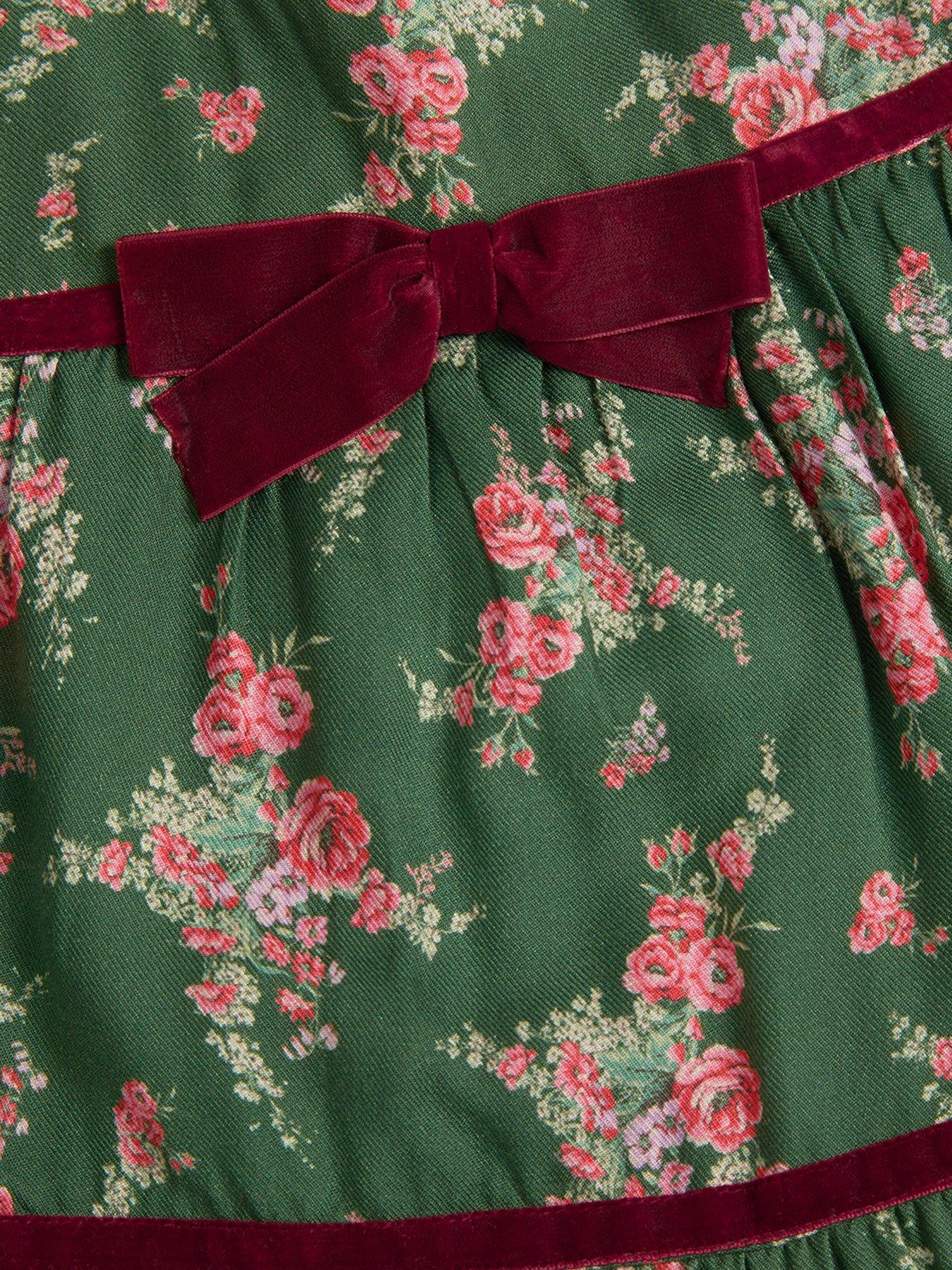 Image 4 of 4 of Monsoon Girls' Floral Print Viscose Dress with Velvet Trim - Green