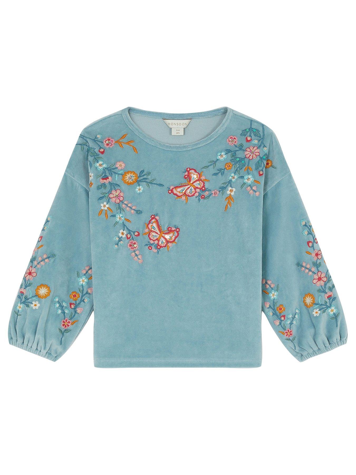 Image 1 of 3 of Monsoon Girls Velour Embroidered Sweat - Green