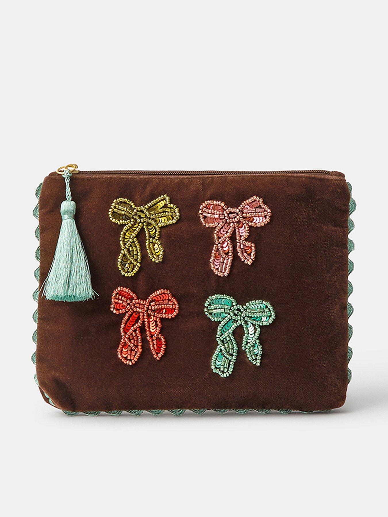 Image 1 of 4 of Accessorize Womens Beaded Bow Zip-Top Pouch - Brown