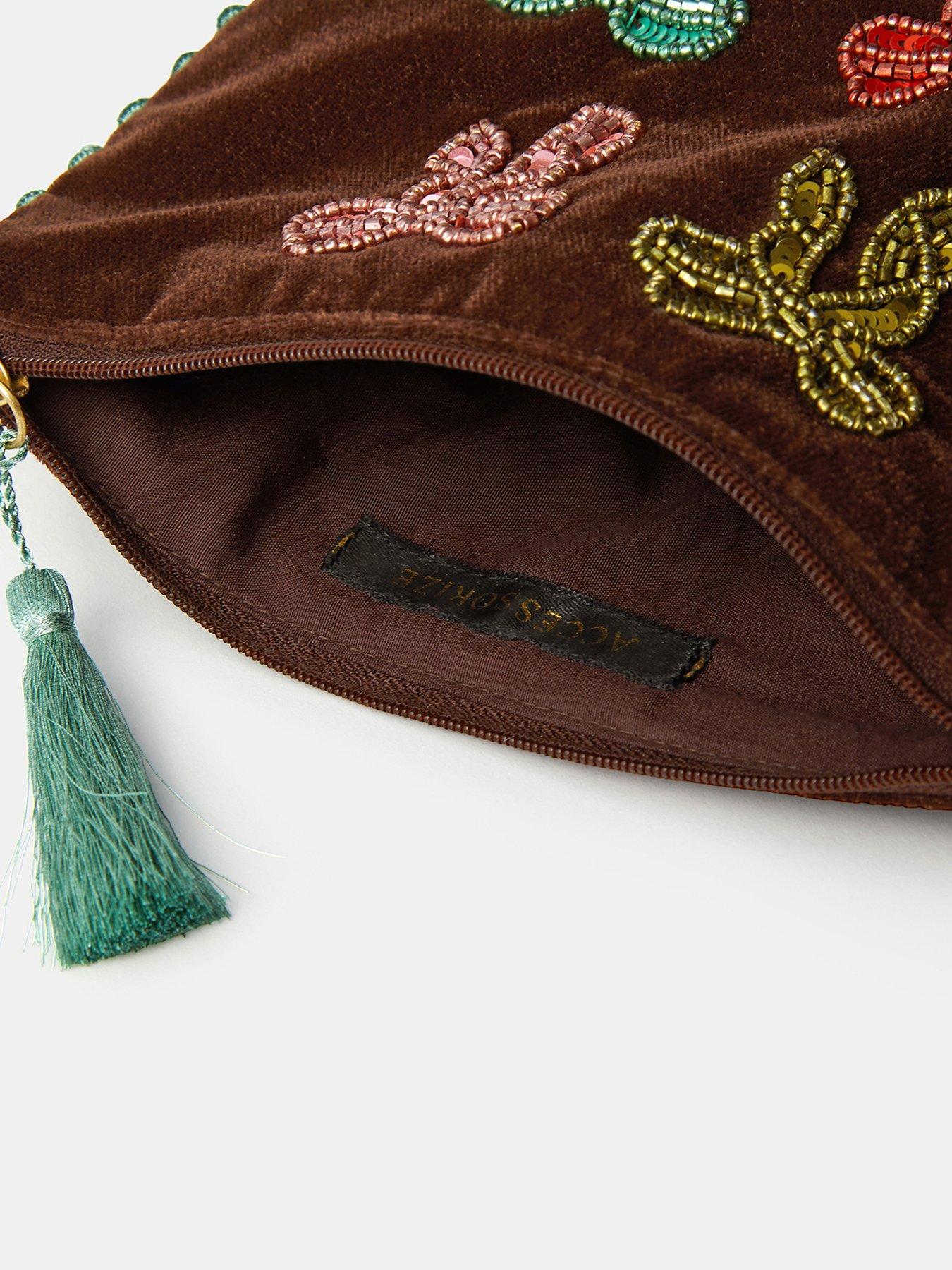 Image 3 of 4 of Accessorize Womens Beaded Bow Zip-Top Pouch - Brown