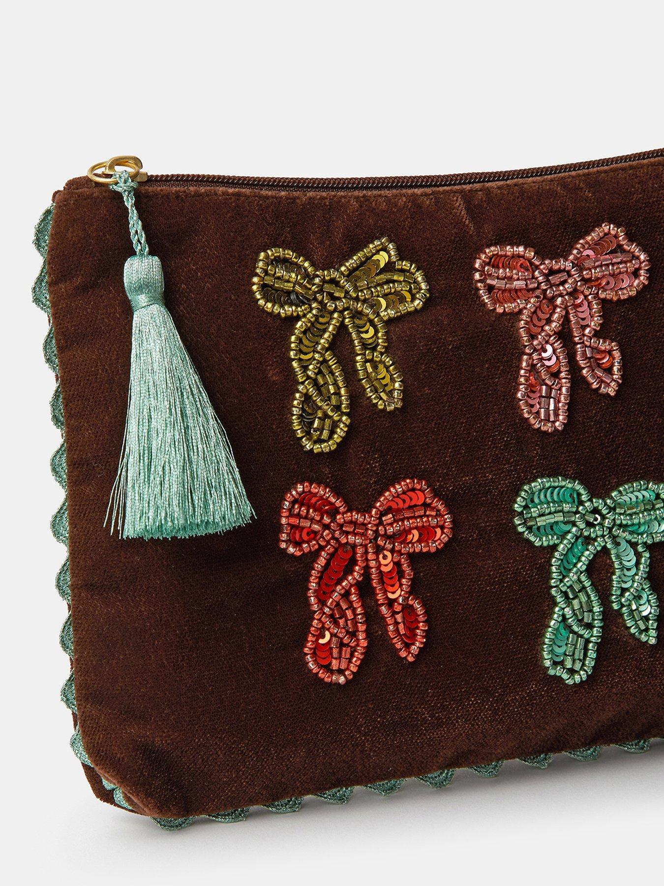Image 4 of 4 of Accessorize Womens Beaded Bow Zip-Top Pouch - Brown
