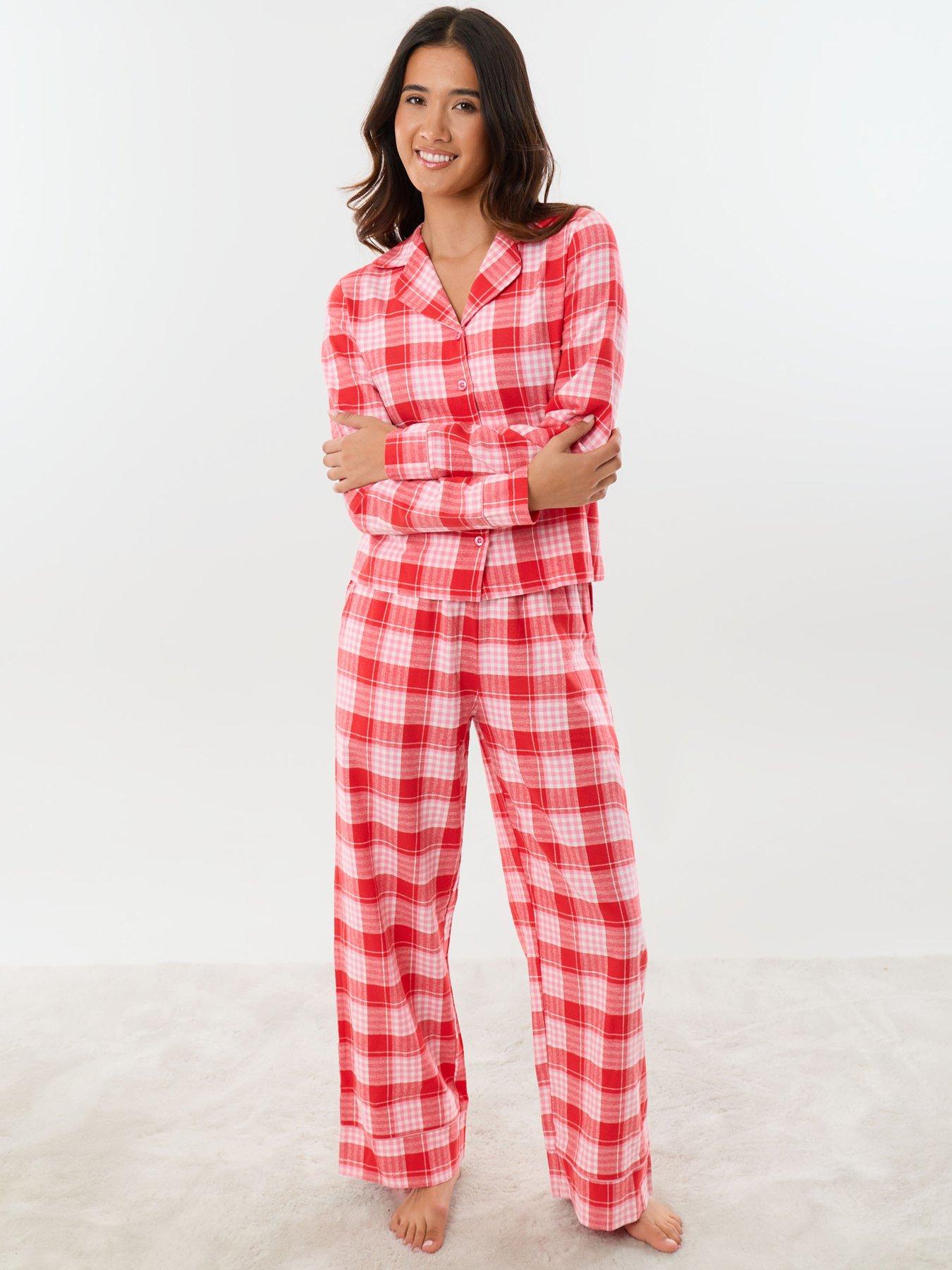 Image 2 of 5 of Threadbare Womens Petite Button-Through Check Pyjama Set - Red