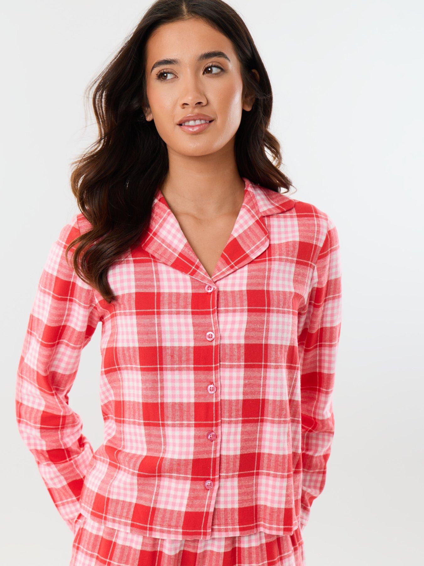 Image 3 of 5 of Threadbare Womens Petite Button-Through Check Pyjama Set - Red