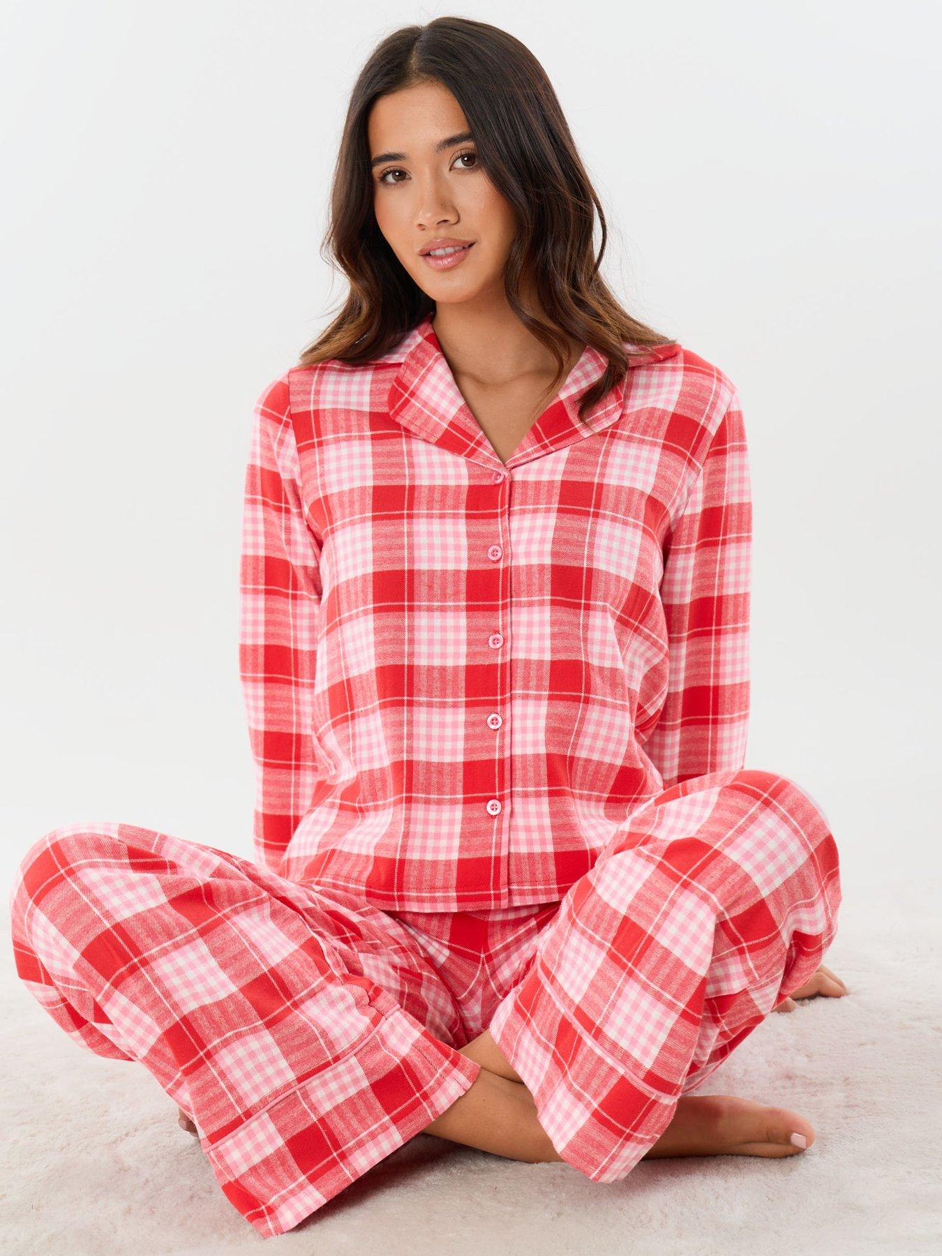 Image 5 of 5 of Threadbare Womens Petite Button-Through Check Pyjama Set - Red