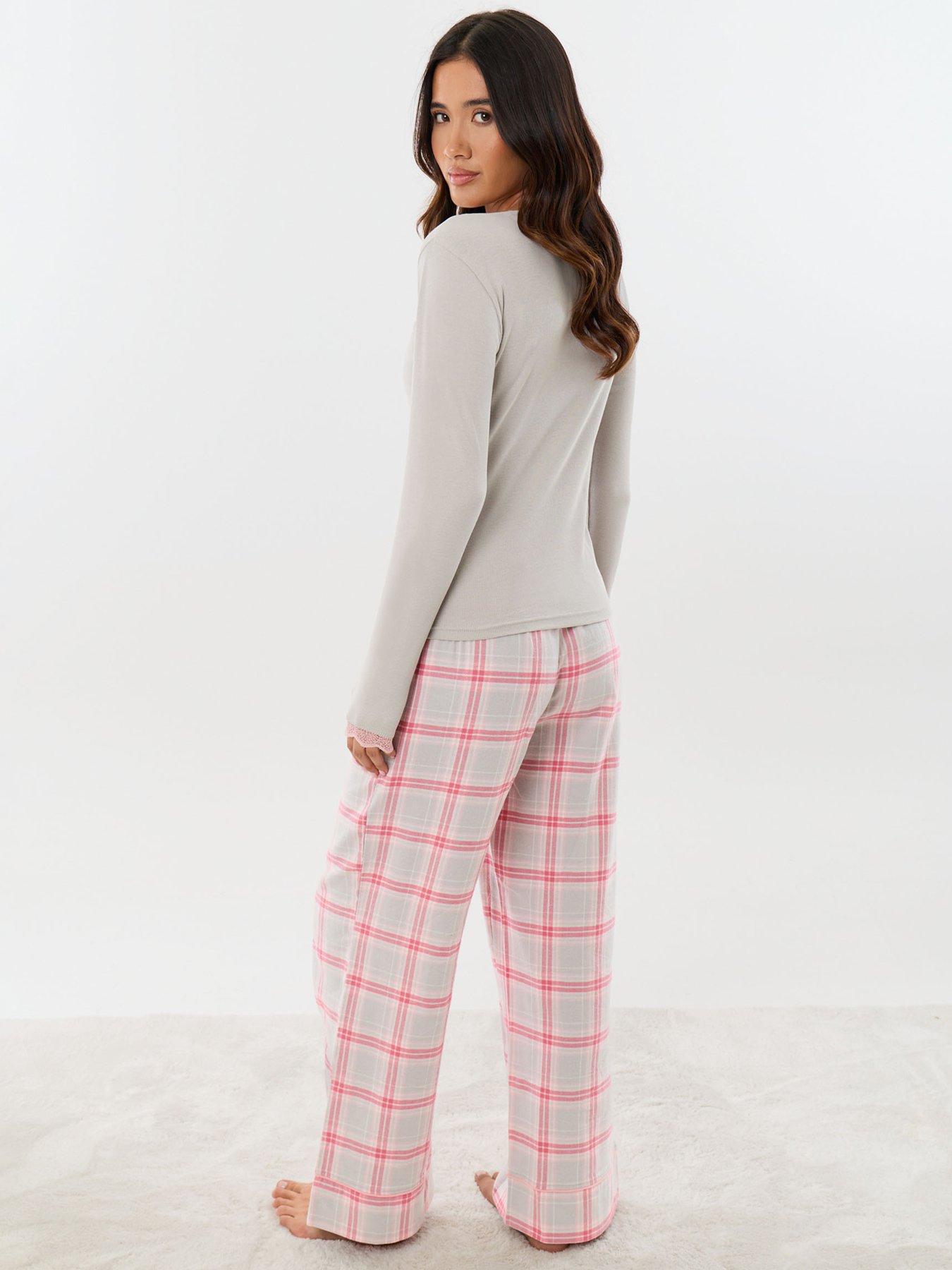 Image 2 of 4 of Threadbare Womens Harietty Rib Lace Trim Checked Pyjama Set - Multi