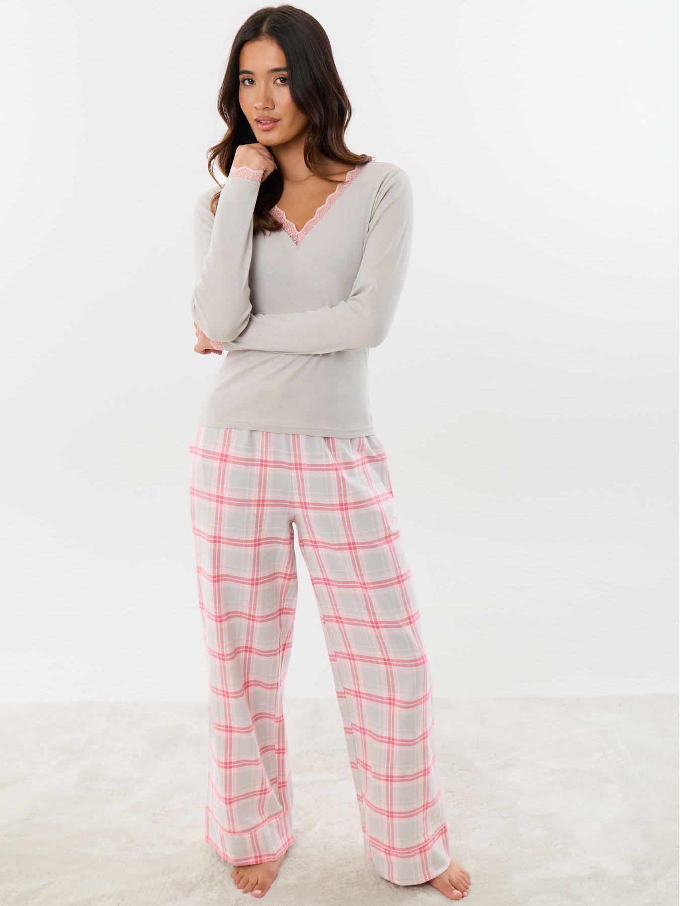 Image 3 of 4 of Threadbare Womens Harietty Rib Lace Trim Checked Pyjama Set - Multi