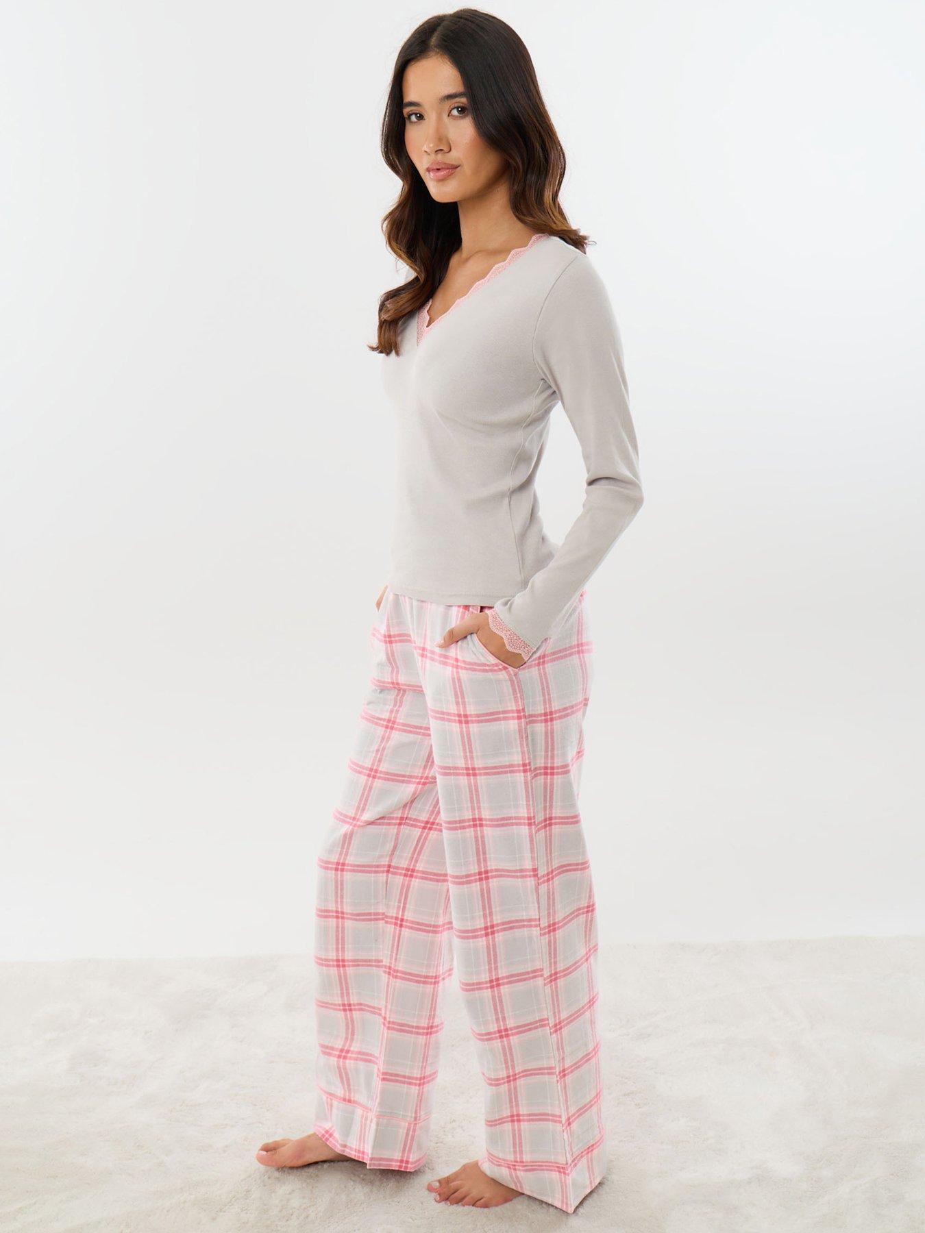 Image 1 of 4 of Threadbare Womens Harietty Rib Lace Trim Pyjama Set - Grey