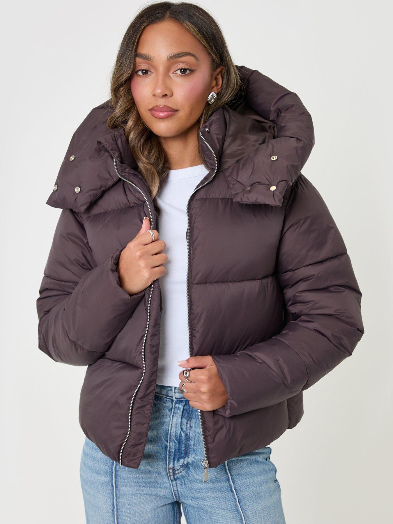Image 1 of 5 of Threadbare Petite Showerproof Funnel Neck Puffer Coat In Chocolate Brown