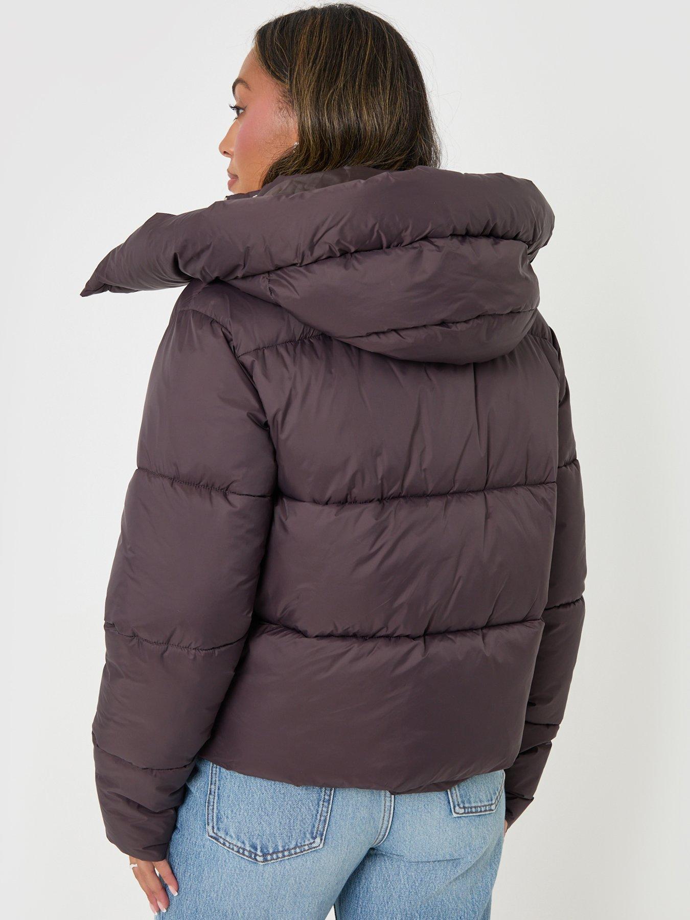 Image 2 of 5 of Threadbare Petite Showerproof Funnel Neck Puffer Coat In Chocolate Brown