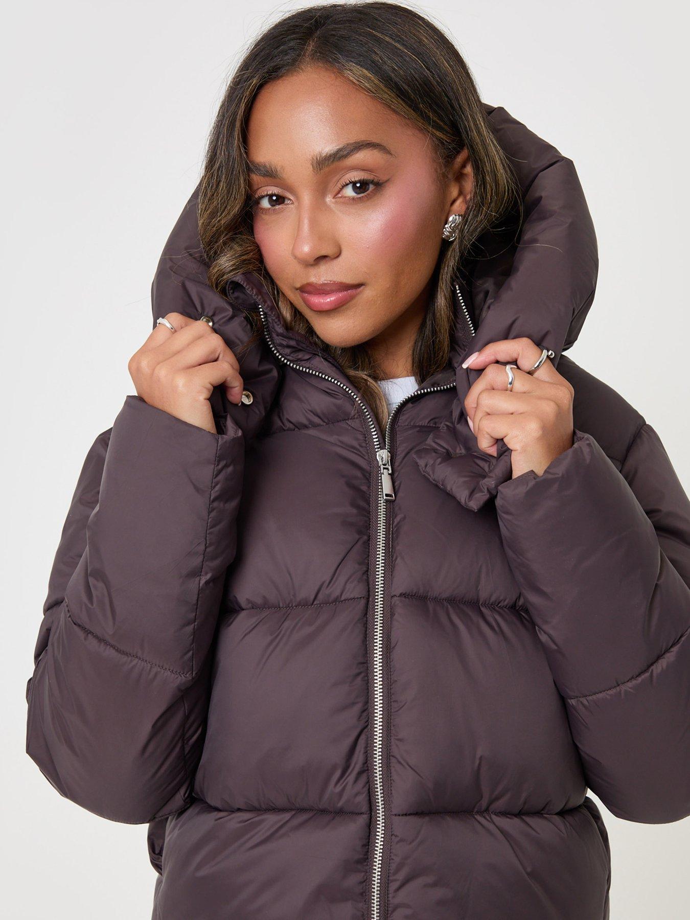 Image 4 of 5 of Threadbare Petite Showerproof Funnel Neck Puffer Coat In Chocolate Brown