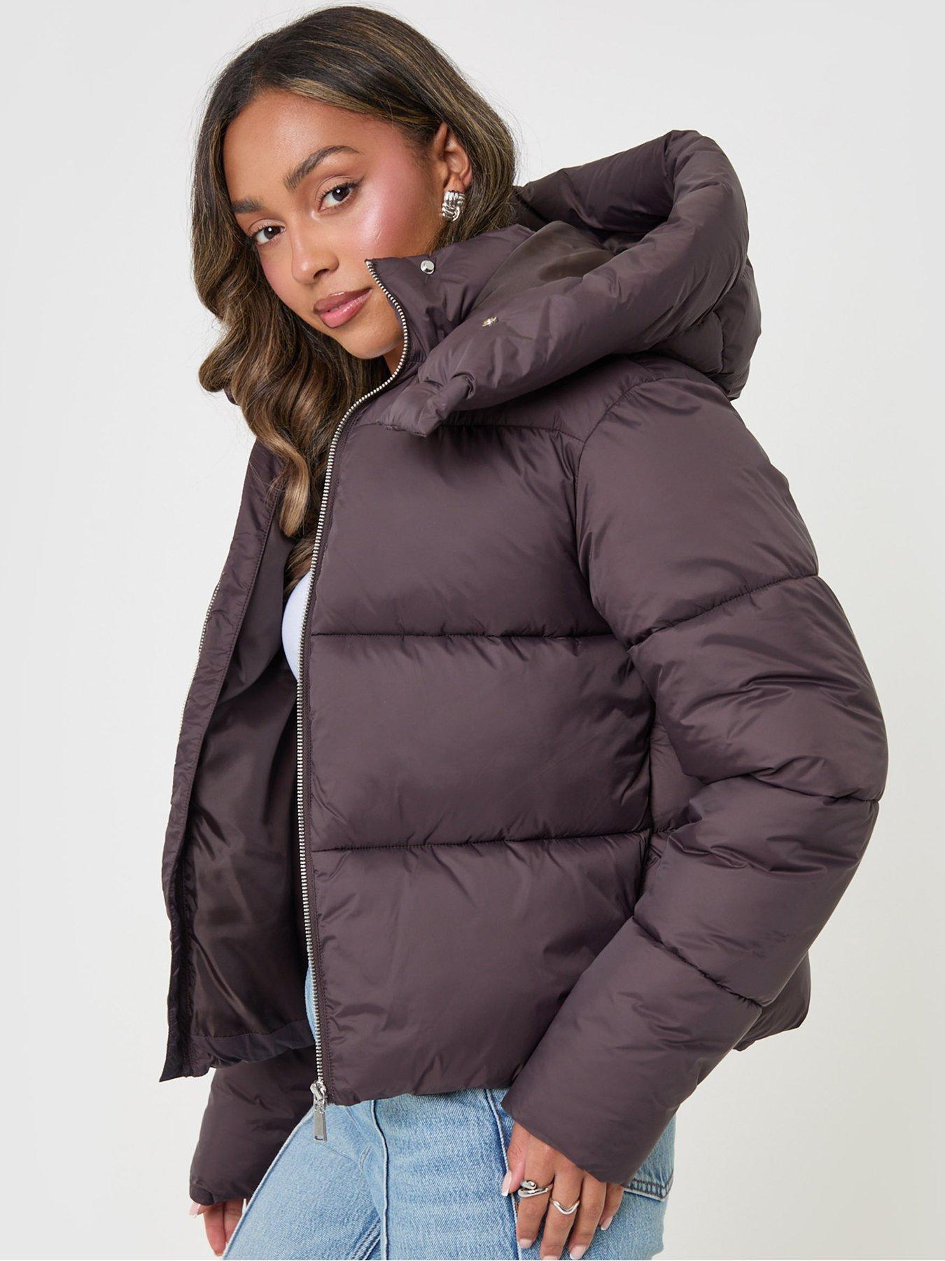 Image 5 of 5 of Threadbare Petite Showerproof Funnel Neck Puffer Coat In Chocolate Brown