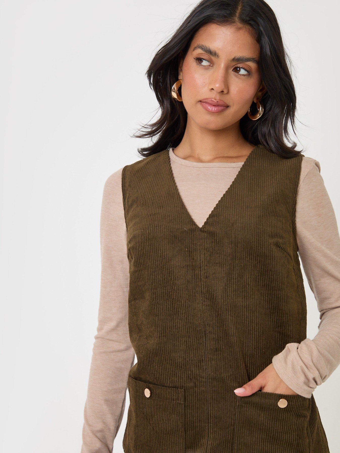 Image 4 of 4 of Threadbare Womens V Neck Corduroy Pocket Mini Dress - Green