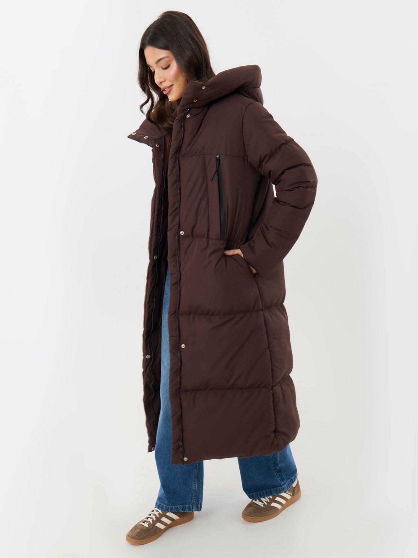 Image 1 of 4 of Threadbare Womens Showerproof Maxi Hooded Puffer Coat - Brown