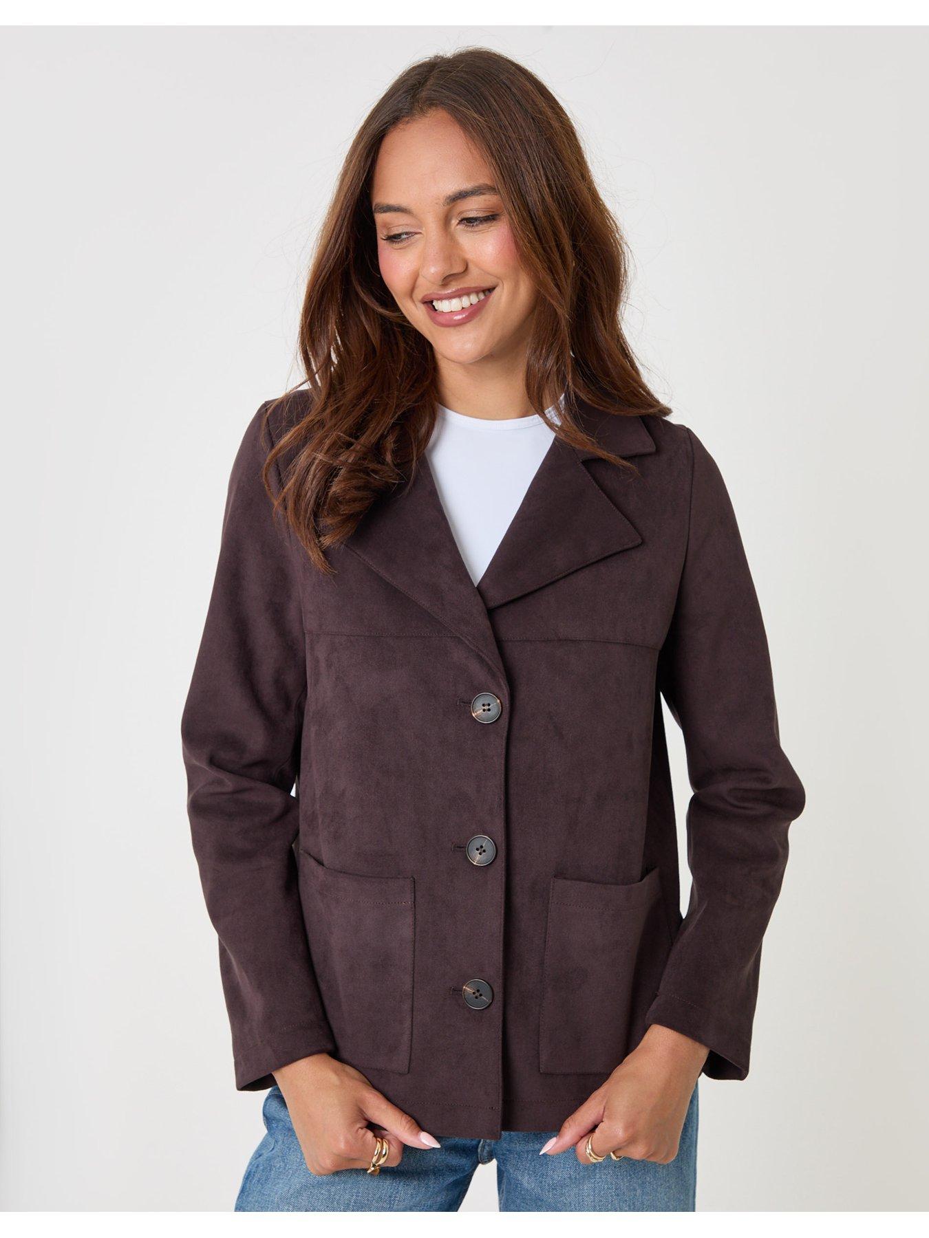 Image 1 of 4 of Threadbare Womens Faux Suede Button Front Pocket Blazer - Brown