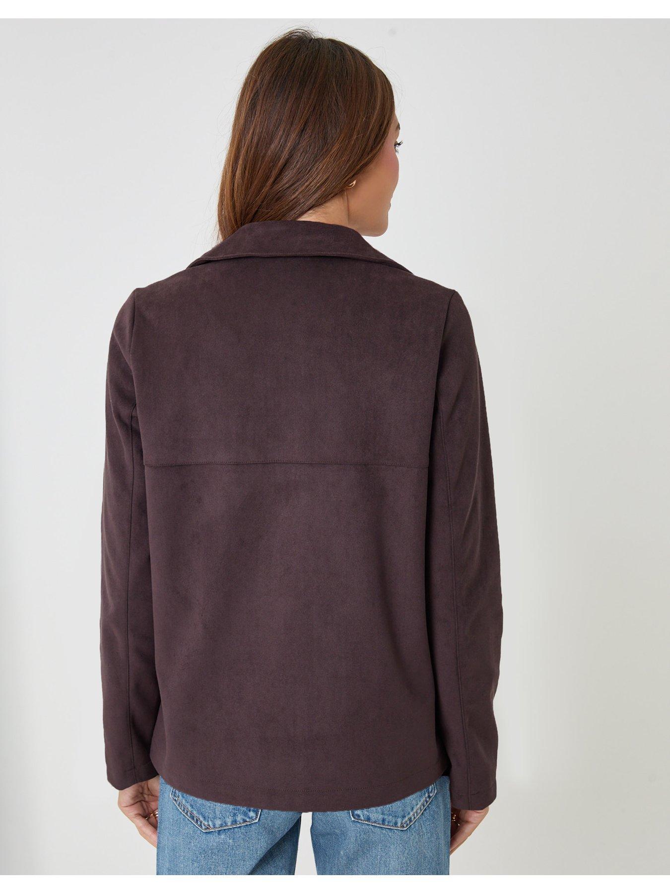 Image 2 of 4 of Threadbare Womens Faux Suede Button Front Pocket Blazer - Brown