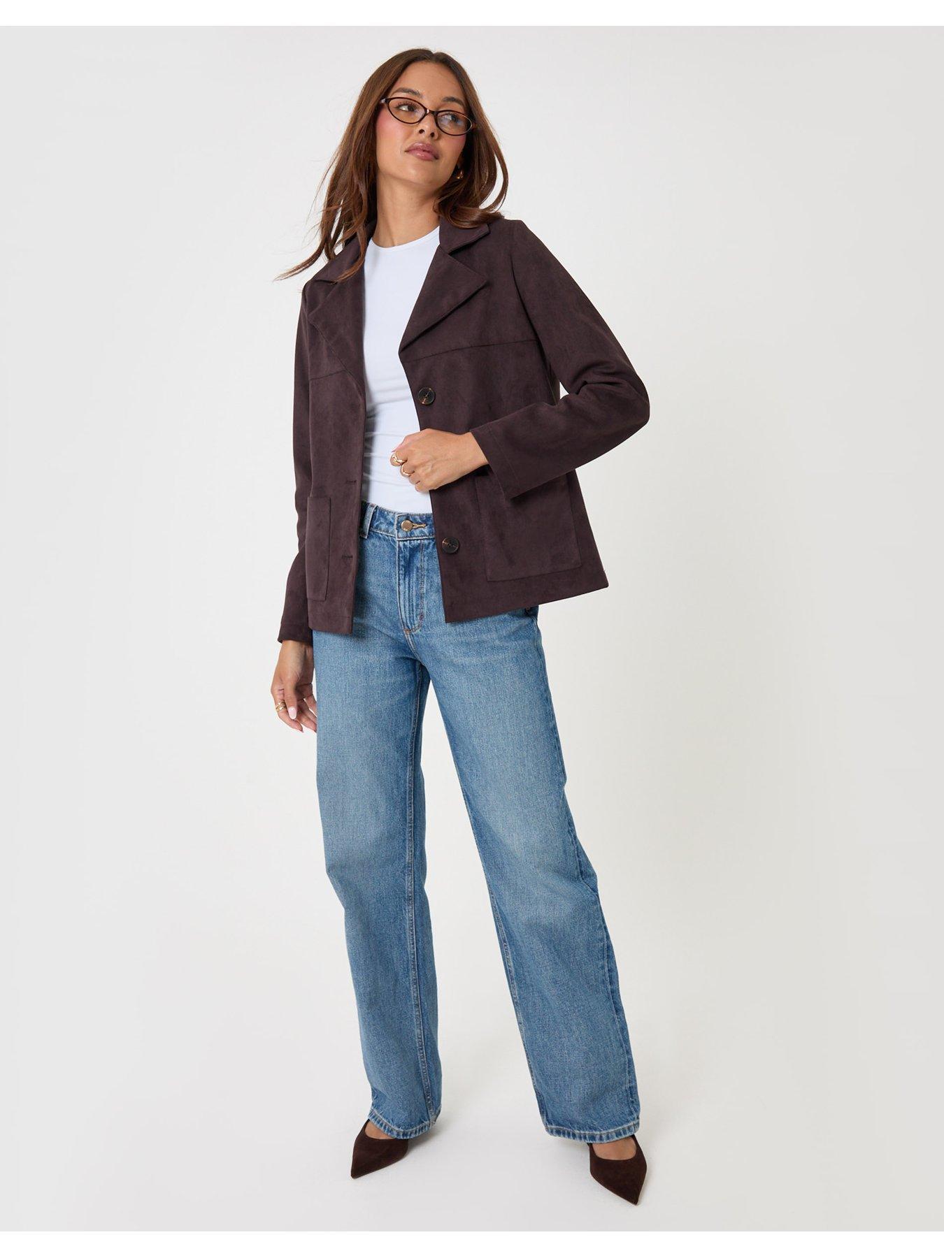 Image 3 of 4 of Threadbare Womens Faux Suede Button Front Pocket Blazer - Brown