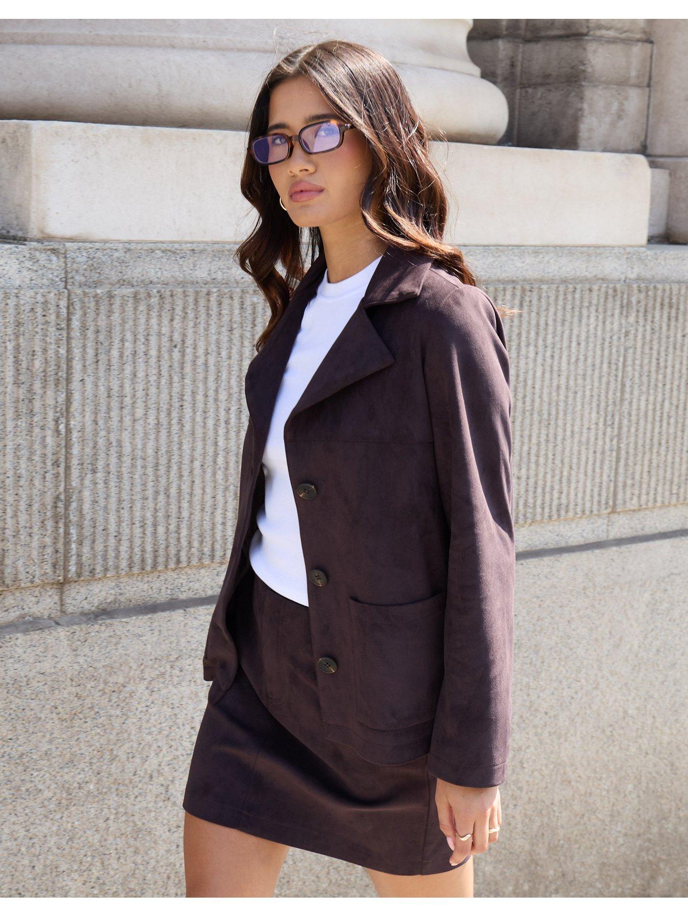 Image 4 of 4 of Threadbare Womens Faux Suede Button Front Pocket Blazer - Brown