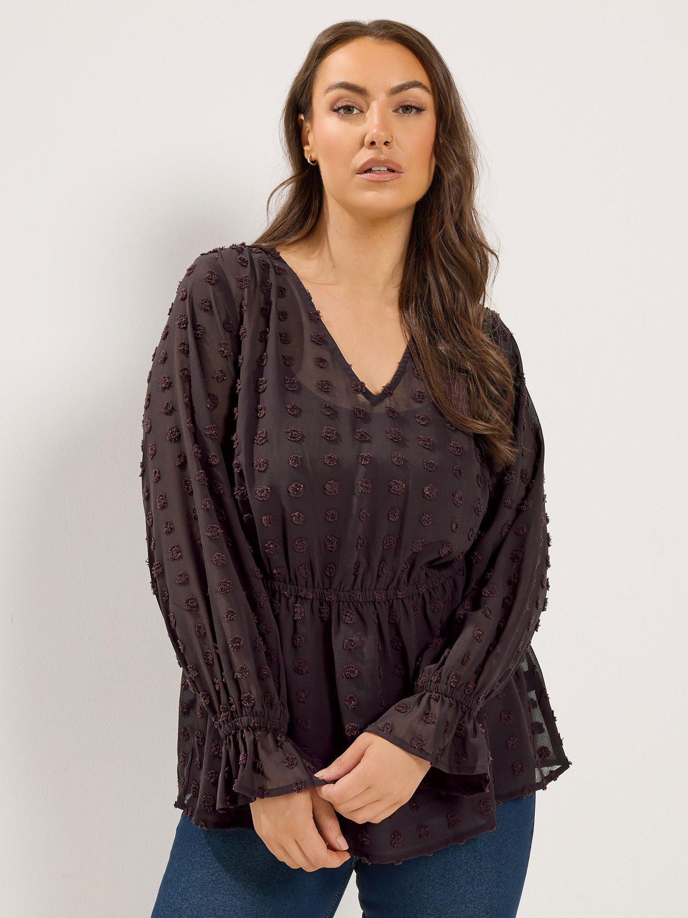 Yours Curve Dobby Spot Blouse - Brown