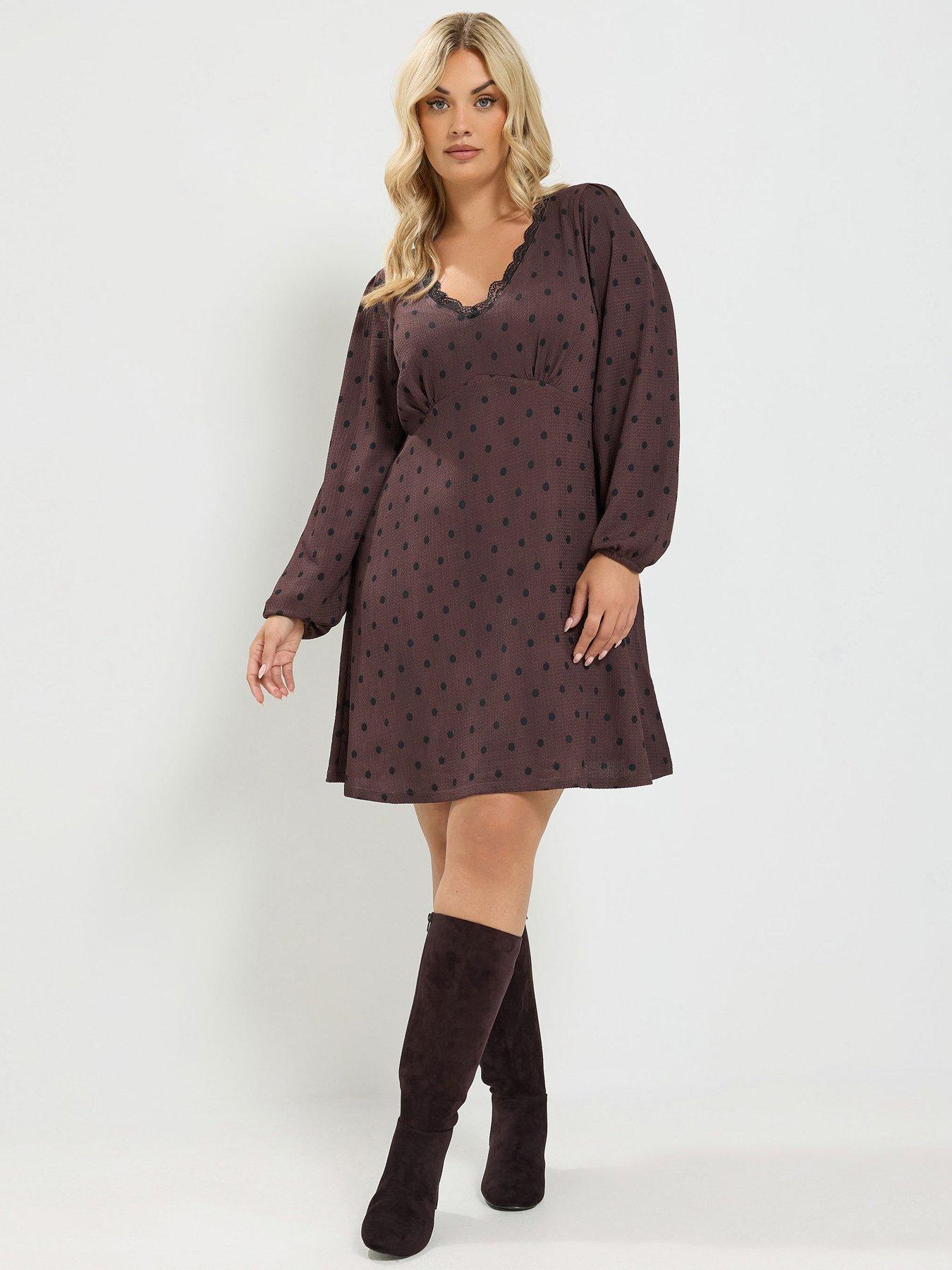 Image 1 of 4 of Yours Curve Lace Trim Mini Dress - Brown