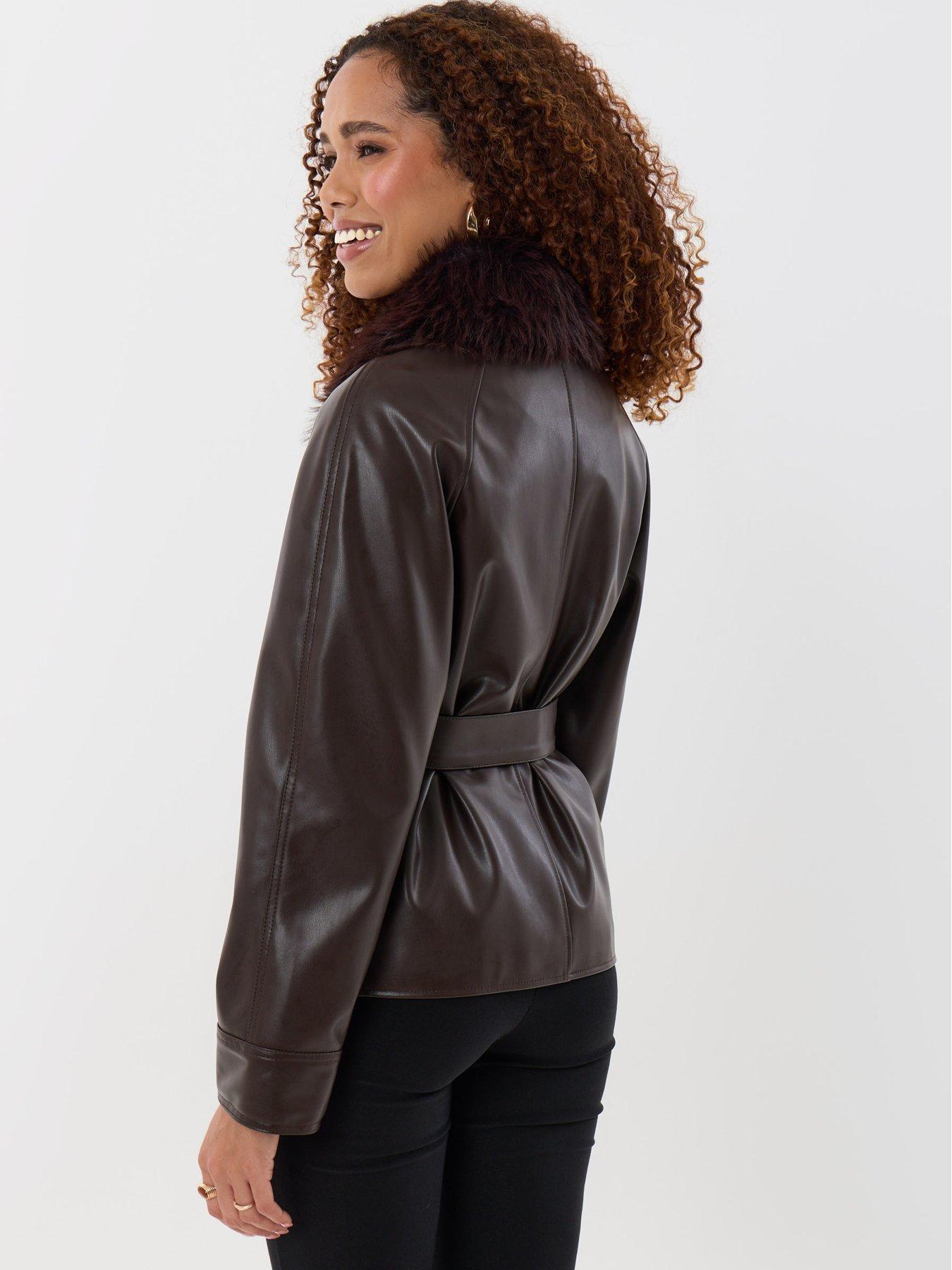 Image 2 of 5 of Threadbare Womens Faux Fur Collar Belted Shacket - Brown