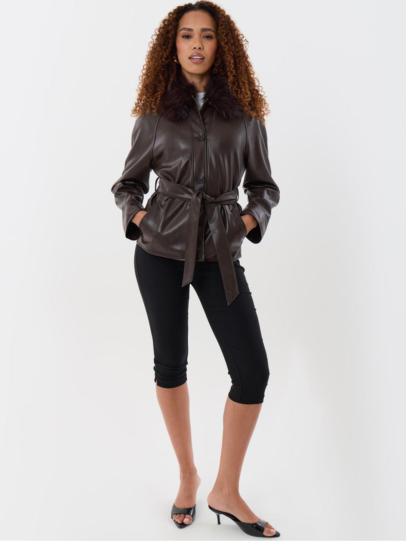 Image 3 of 5 of Threadbare Womens Faux Fur Collar Belted Shacket - Brown