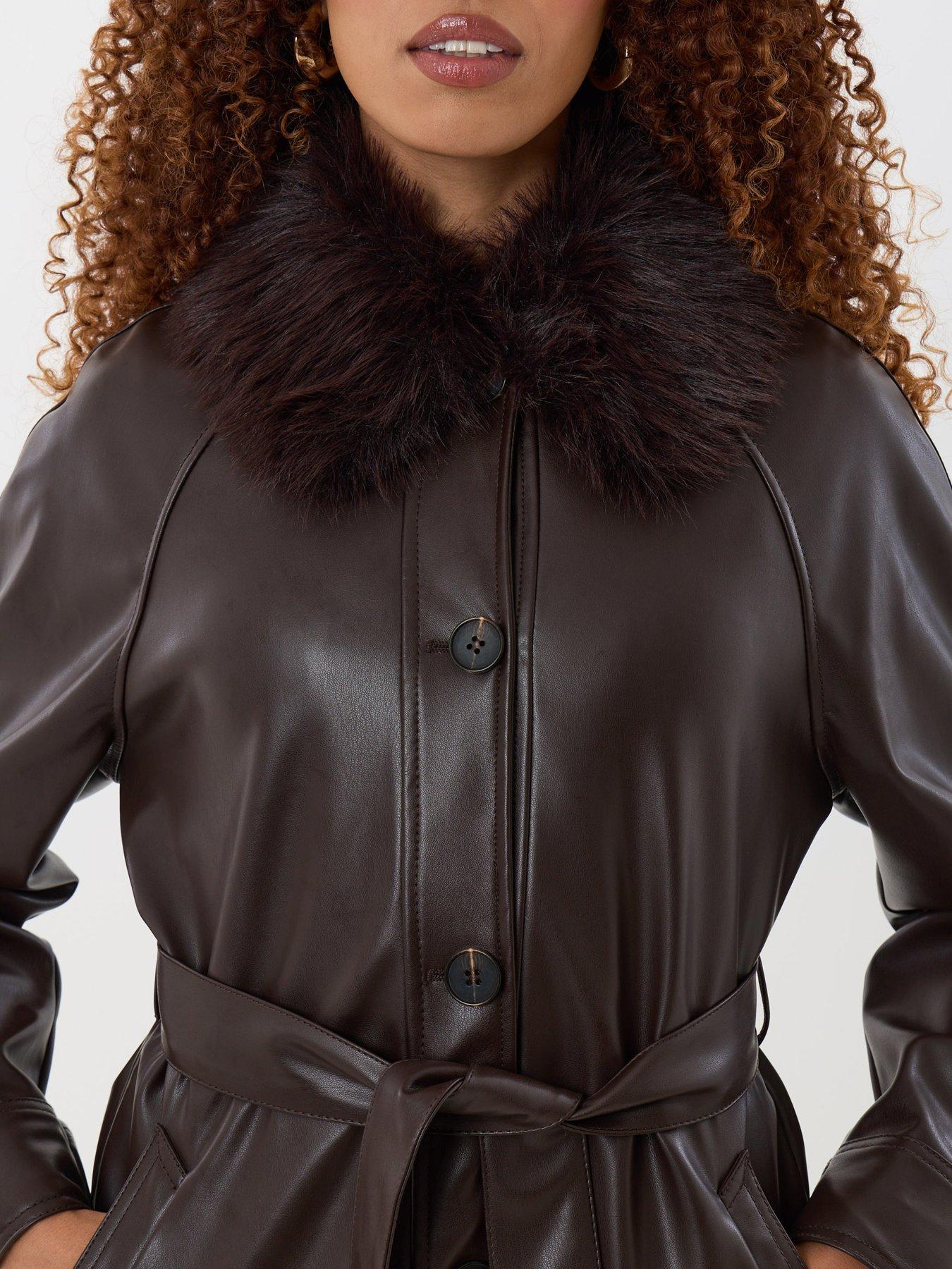 Image 4 of 5 of Threadbare Womens Faux Fur Collar Belted Shacket - Brown