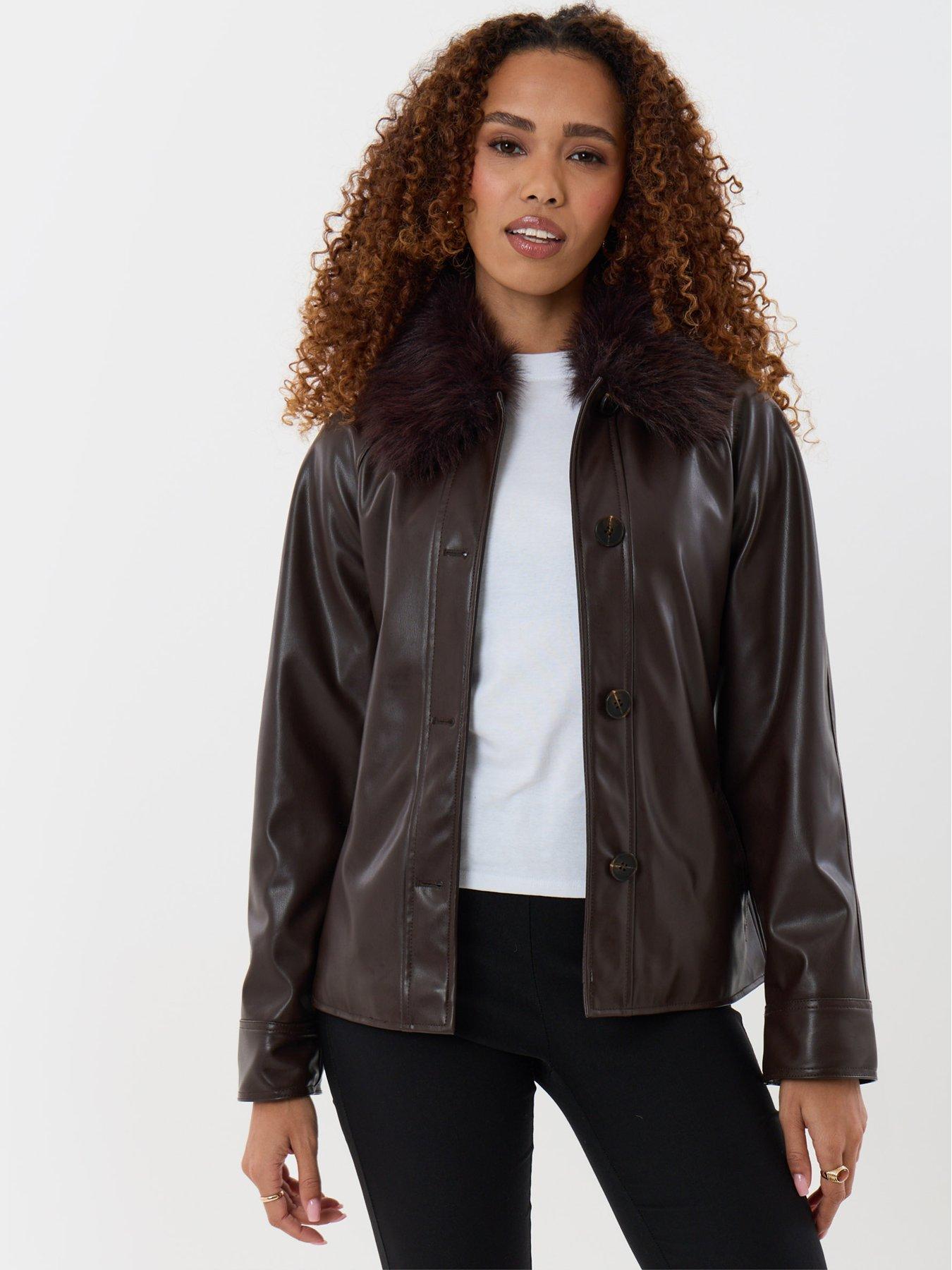 Image 5 of 5 of Threadbare Womens Faux Fur Collar Belted Shacket - Brown