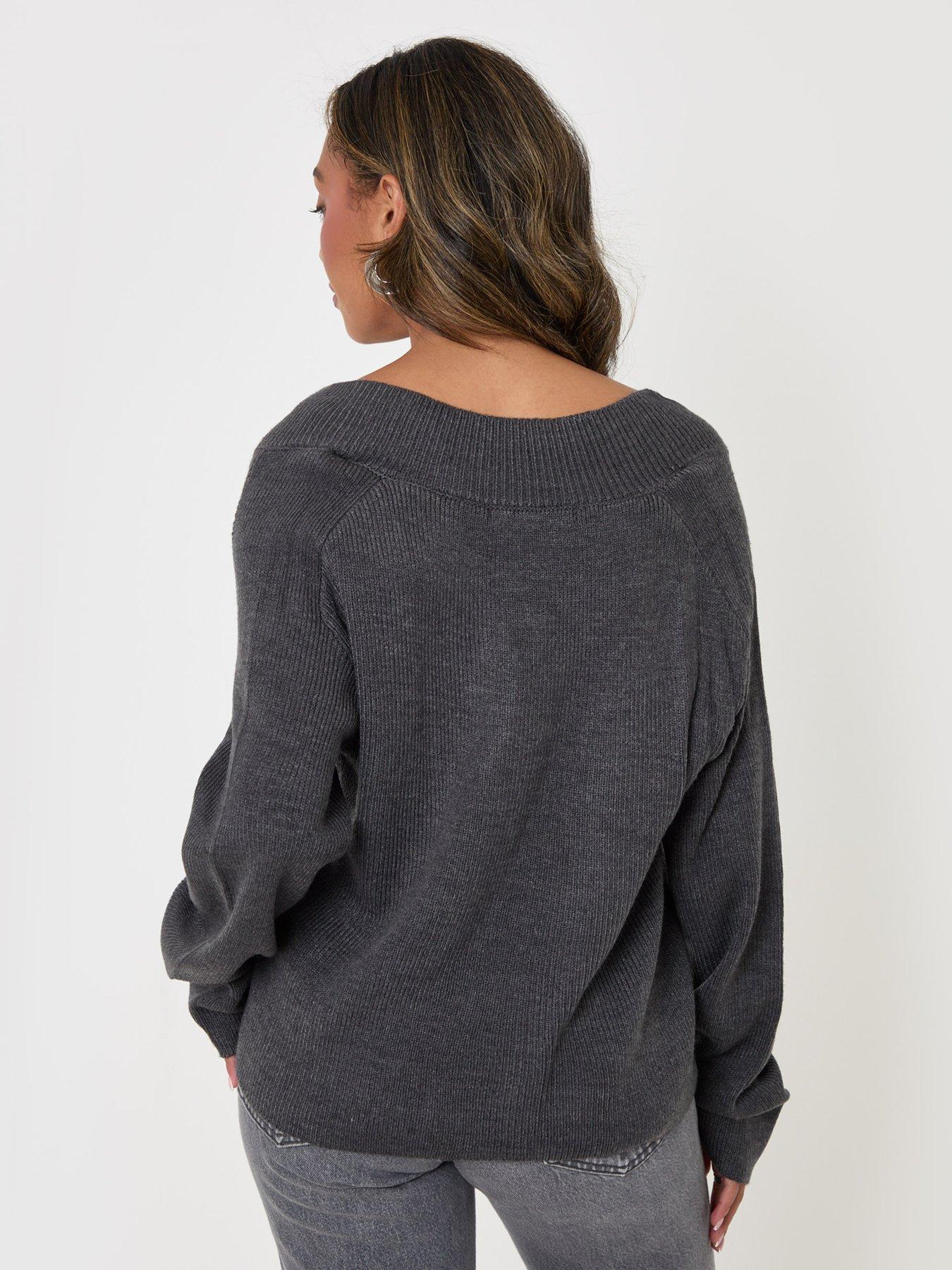 Image 2 of 4 of Threadbare Deep Rib V-neck Jumper In Charcoal Grey