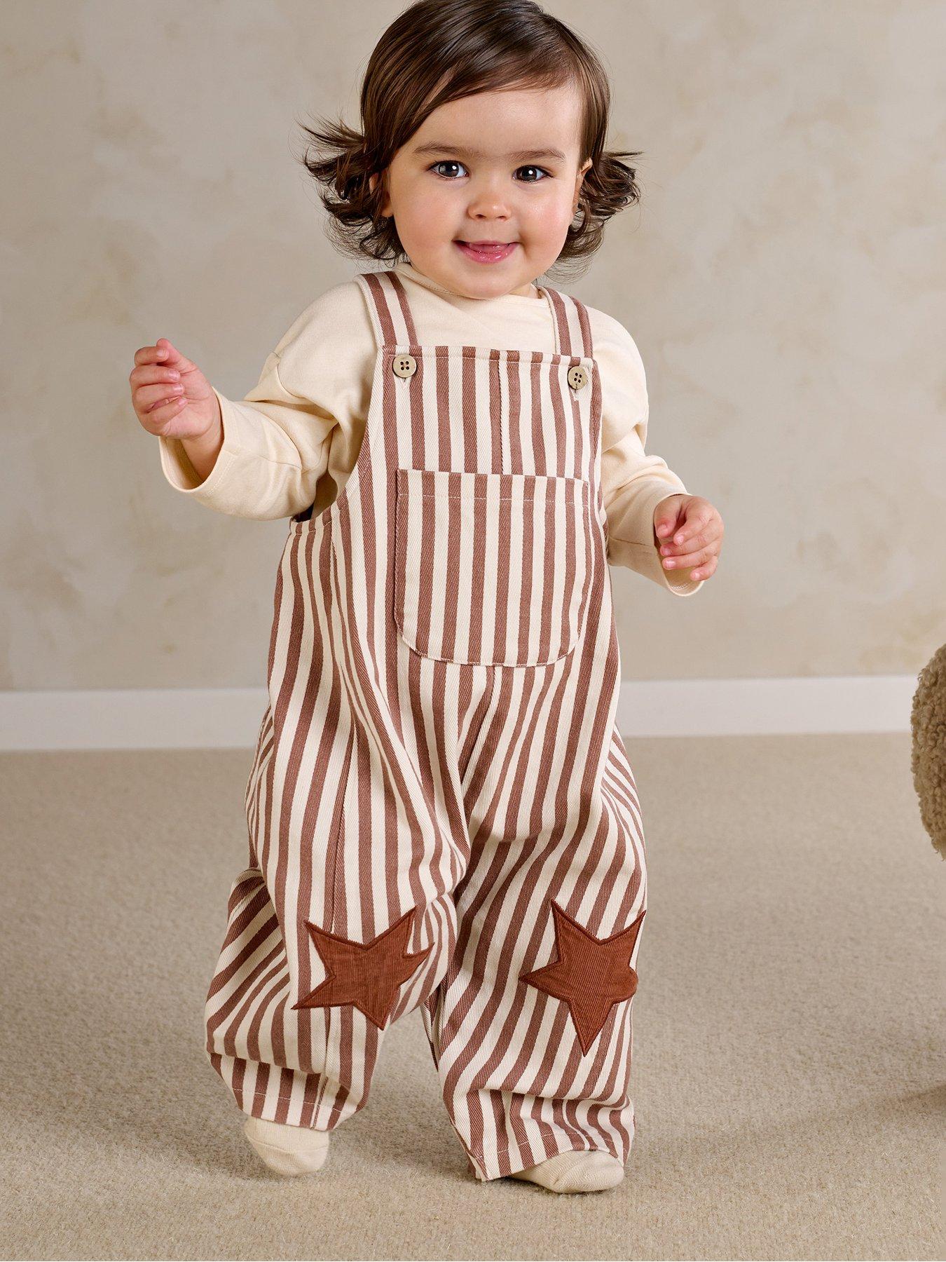 Mamas & Papas Baby Unisex 2 Piece Stripe Dungarees With Star Knee Patches  &  Long Sleeve Top Set - Brown