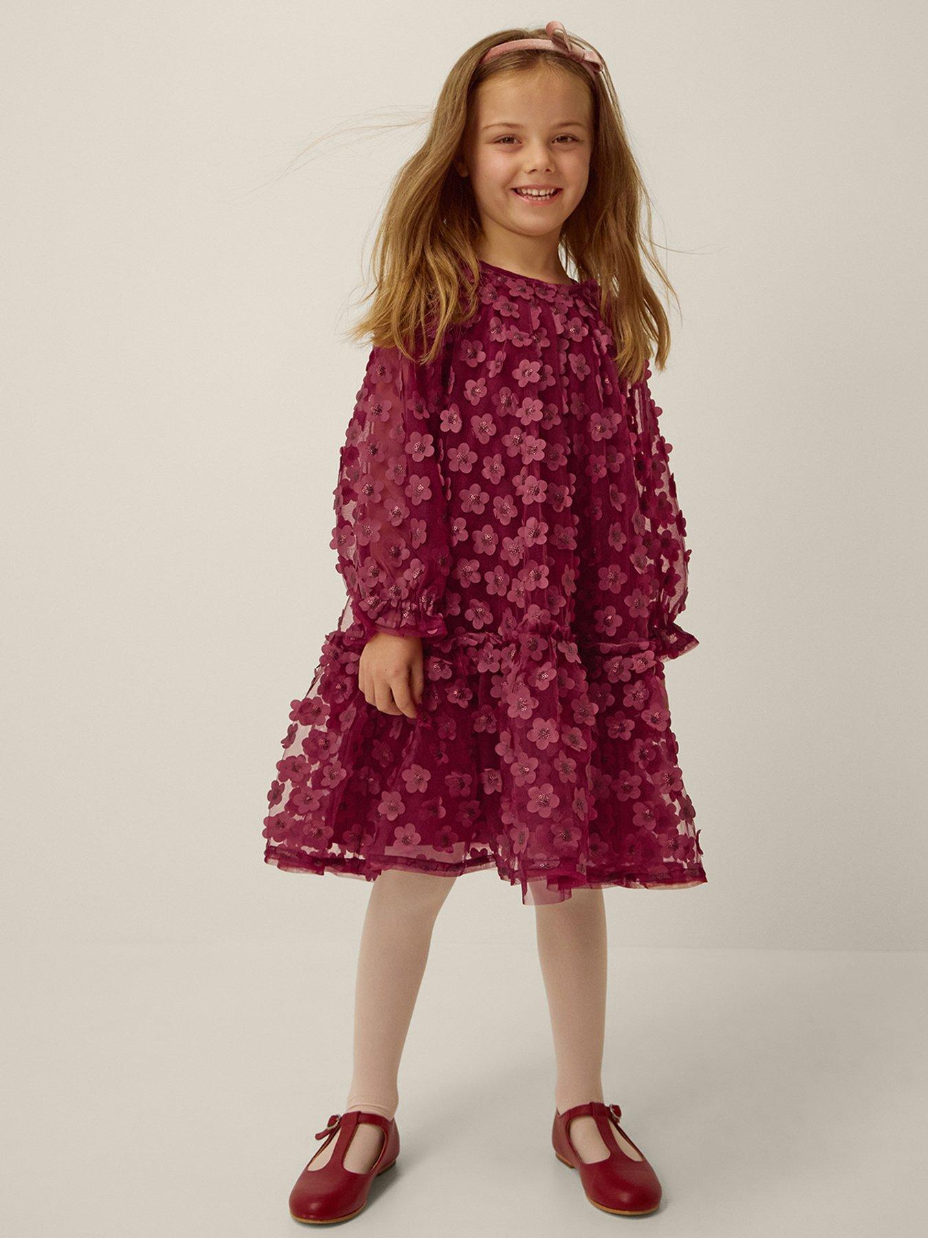 Monsoon Girls' 3D Florals Long Sleeve Swing Dress - Dark Red
