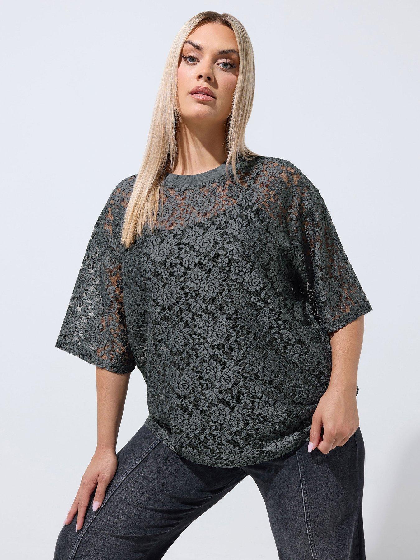 Image 1 of 4 of Yours Curve All Over Lace T-Shirt - Grey