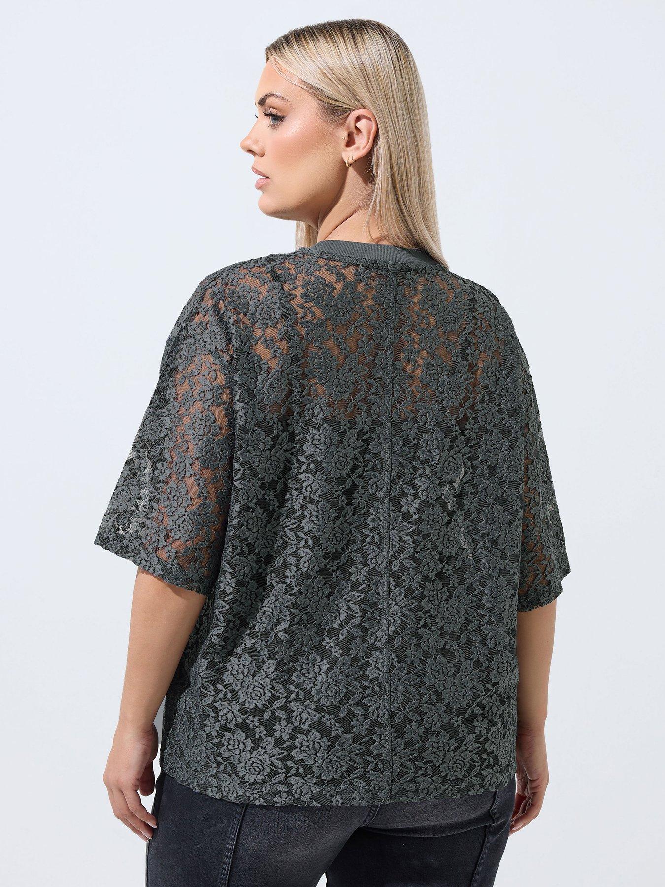 Image 2 of 4 of Yours Curve All Over Lace T-Shirt - Grey