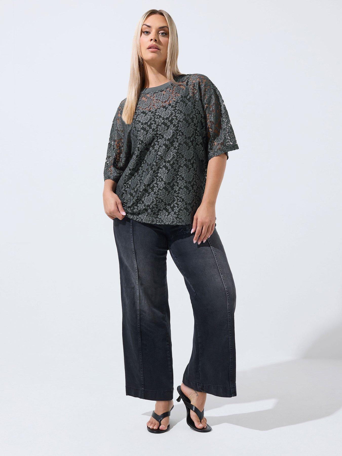 Image 3 of 4 of Yours Curve All Over Lace T-Shirt - Grey