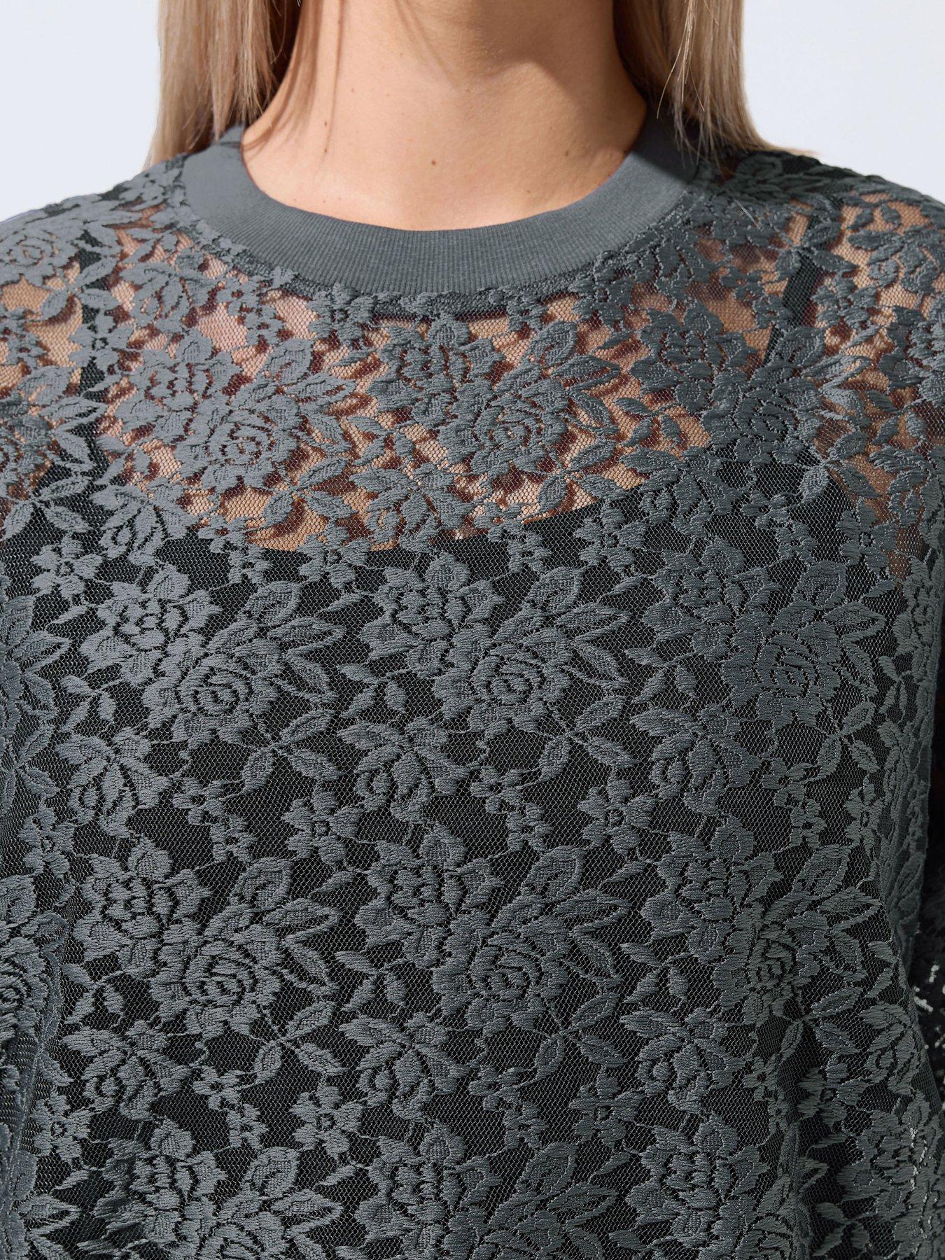 Image 4 of 4 of Yours Curve All Over Lace T-Shirt - Grey