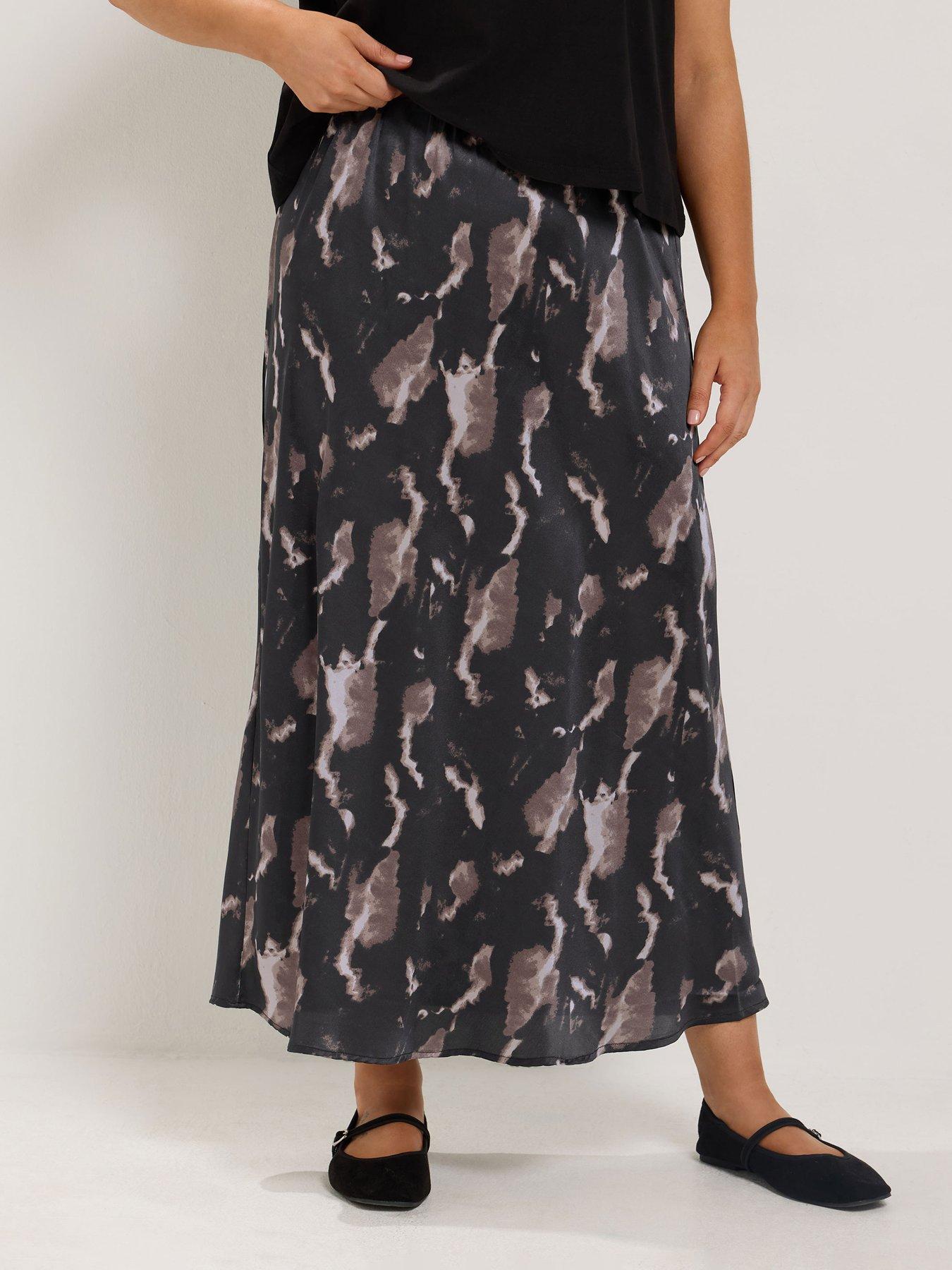 Image 1 of 4 of Yours Curve Marble Bias Cut Satin Skirt - Black