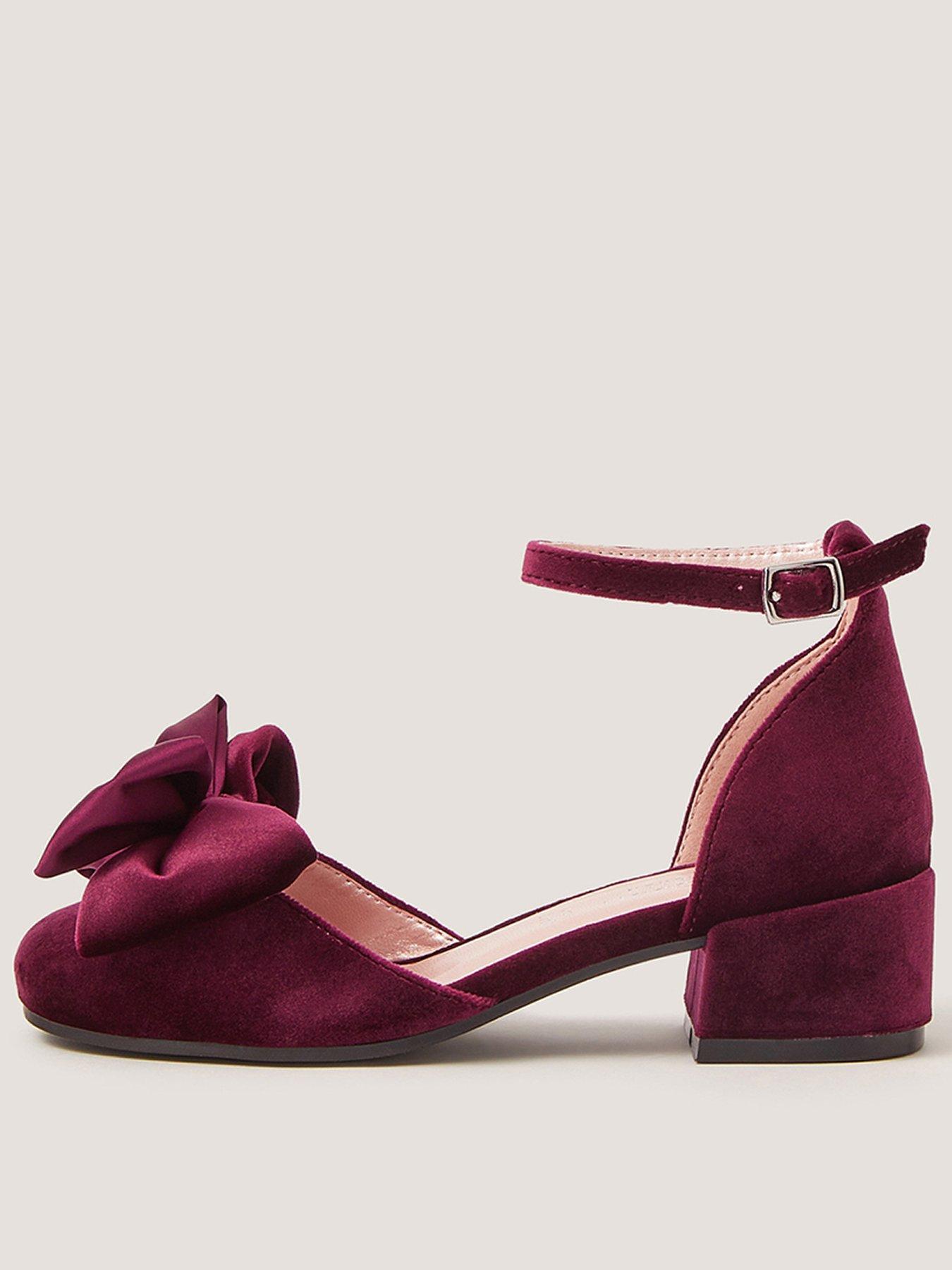 Image 1 of 3 of Monsoon Girls Velvet Bow Pearl Heeled Shoes - Dark Red