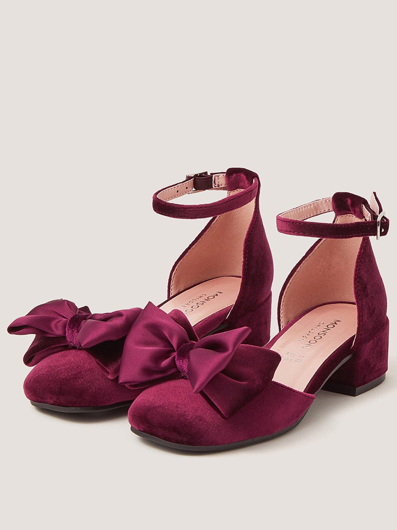 Image 2 of 3 of Monsoon Girls Velvet Bow Pearl Heeled Shoes - Dark Red
