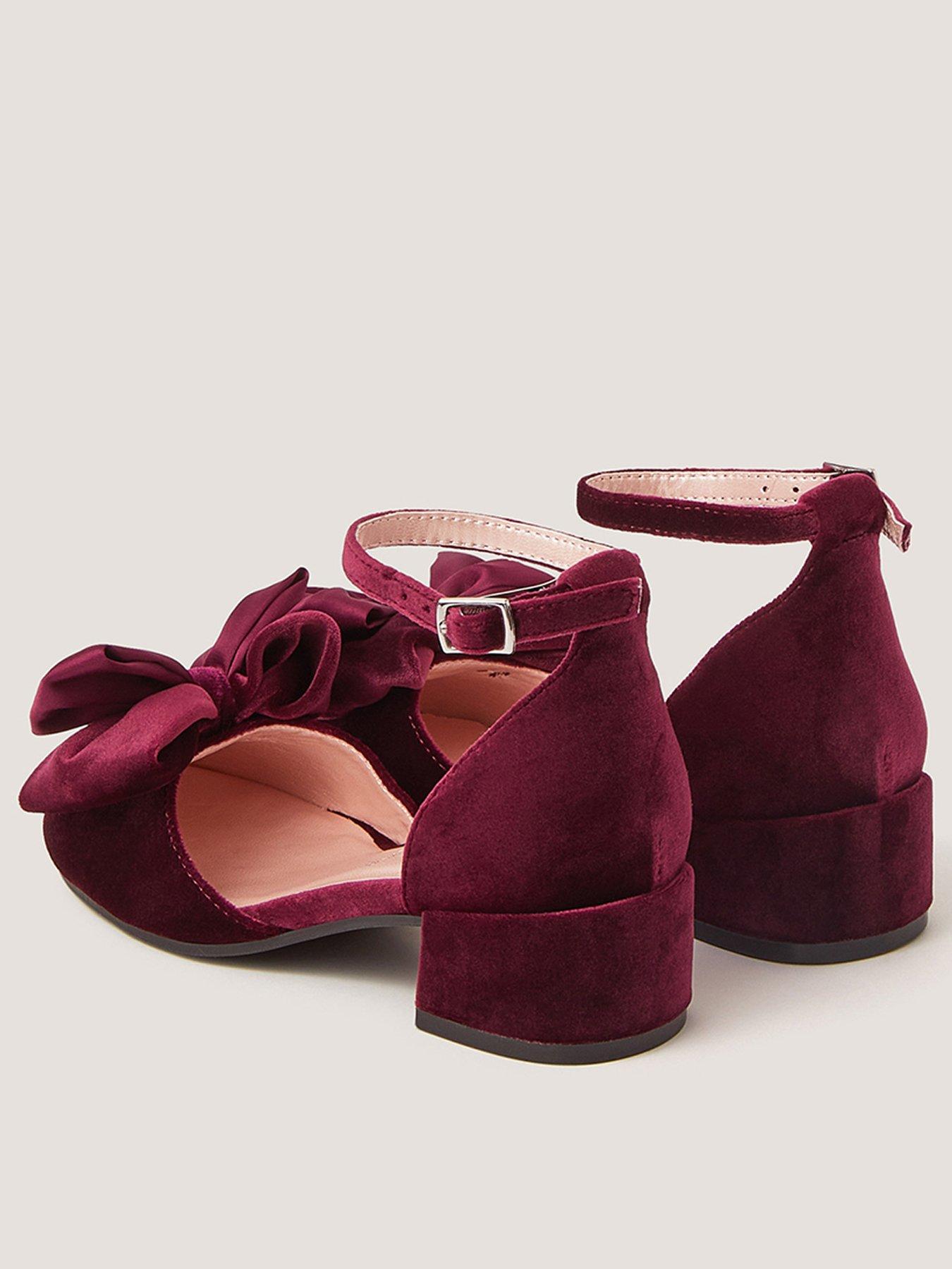 Image 3 of 3 of Monsoon Girls Velvet Bow Pearl Heeled Shoes - Dark Red