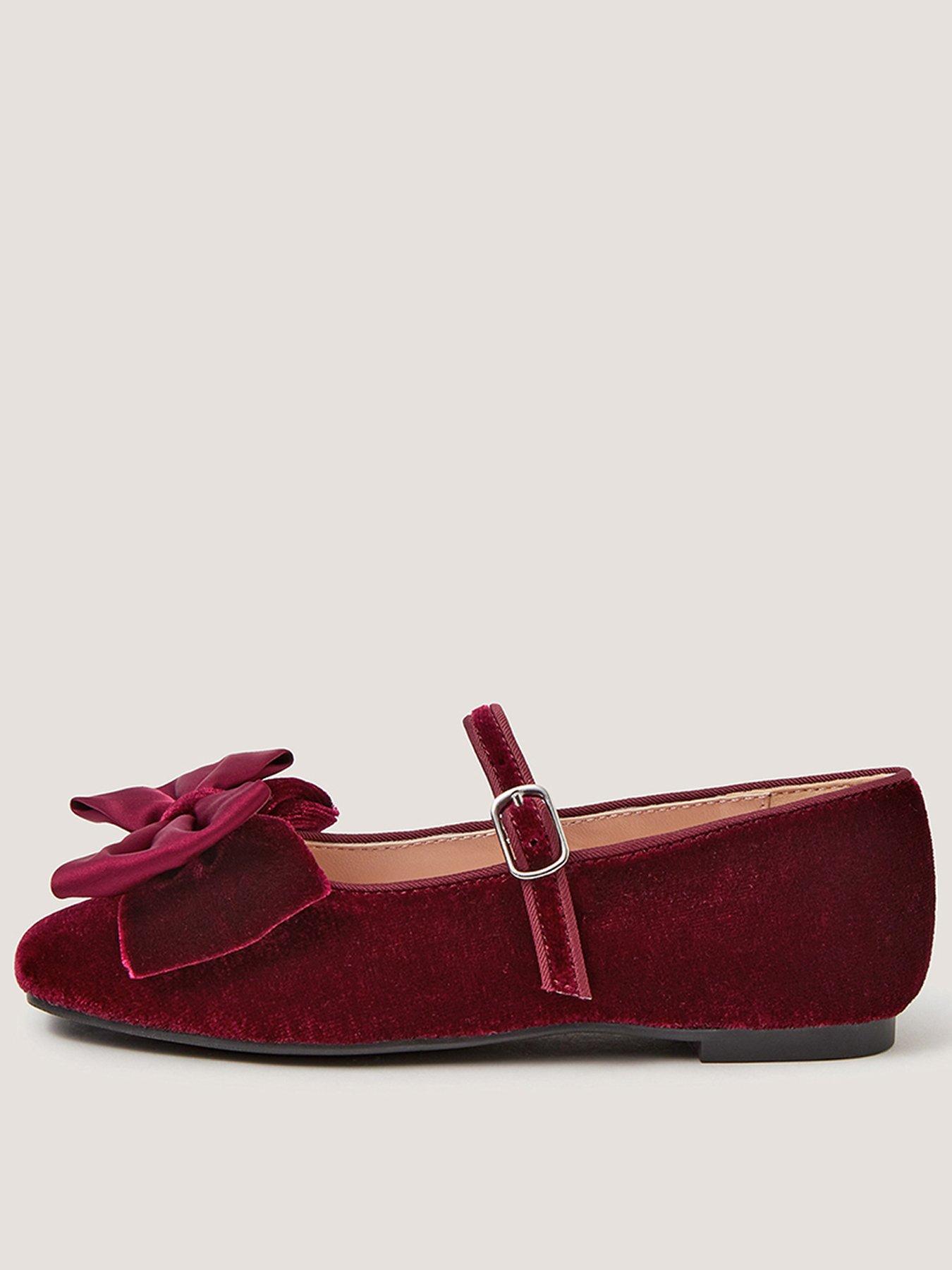 Image 1 of 3 of Monsoon Girls Velvet Bow Pearl Ballerina Shoes - Dark Red
