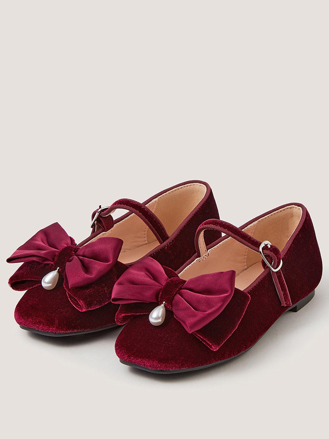 Image 2 of 3 of Monsoon Girls Velvet Bow Pearl Ballerina Shoes - Dark Red