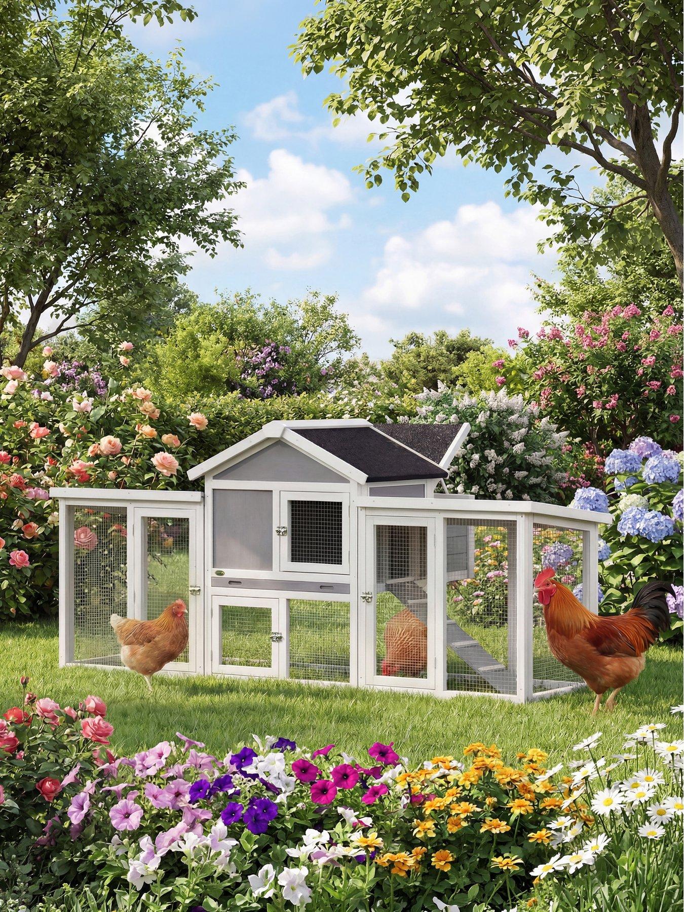 PawHut Large Chicken Coop, Wooden Outdoor Chicken Cage Poultry Hen House with Nesting Box, Runs, Removable Tray, Ramp, Roosting Bar, 204 x 85 x 93cm