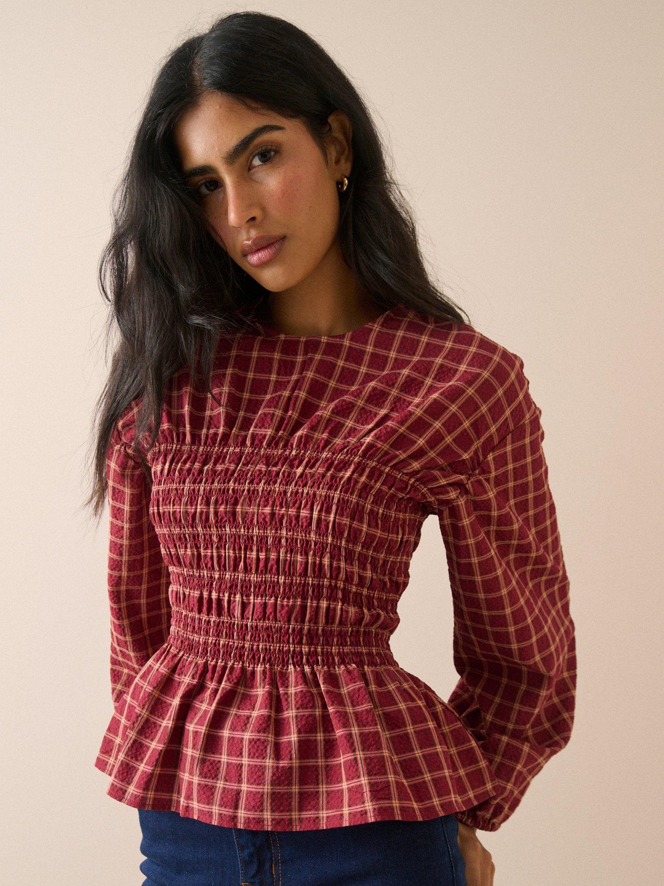 Image 4 of 5 of Nobodys Child Check Shirred Blouse - Red
