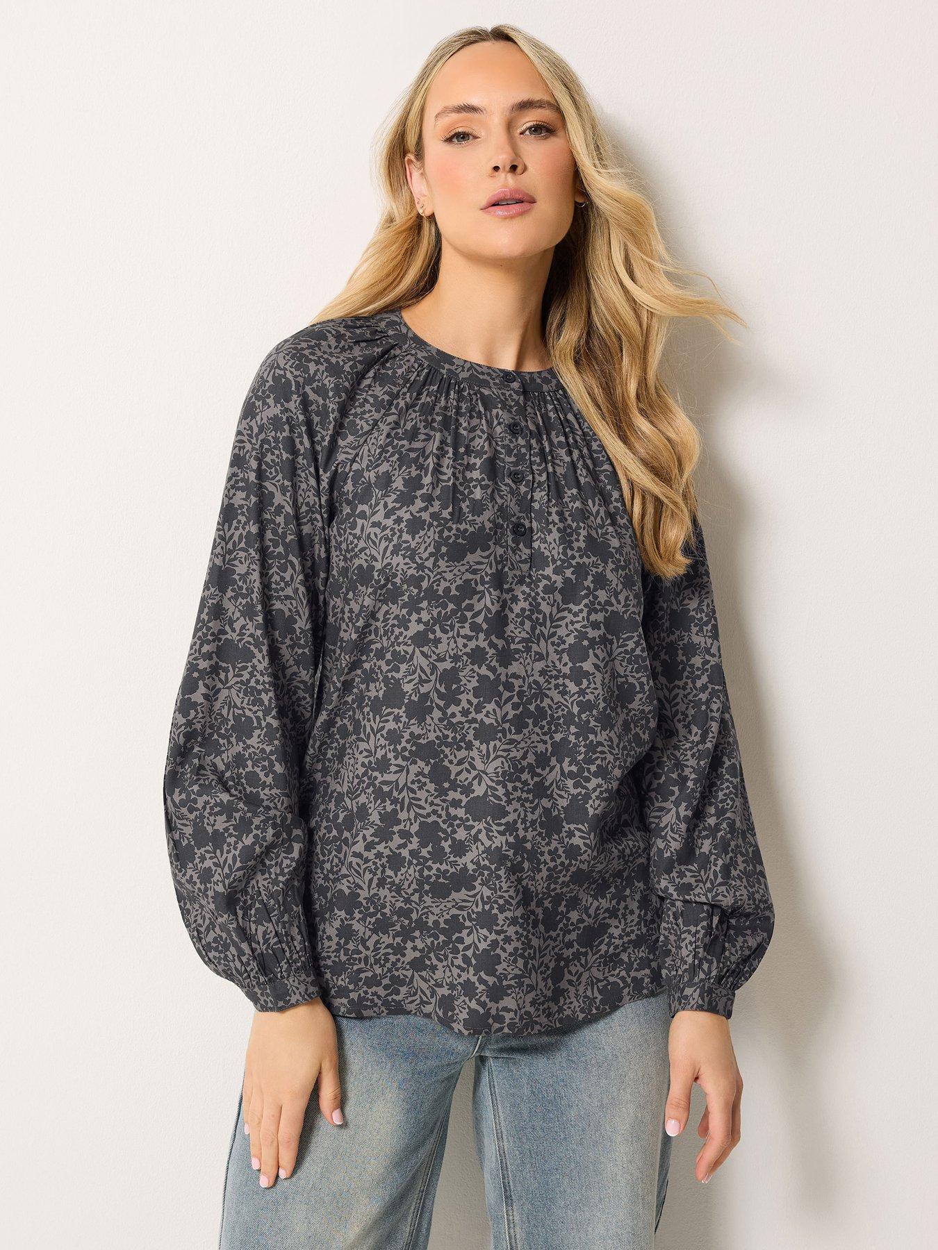 Long Tall Sally Floral Placket Blouse - Grey