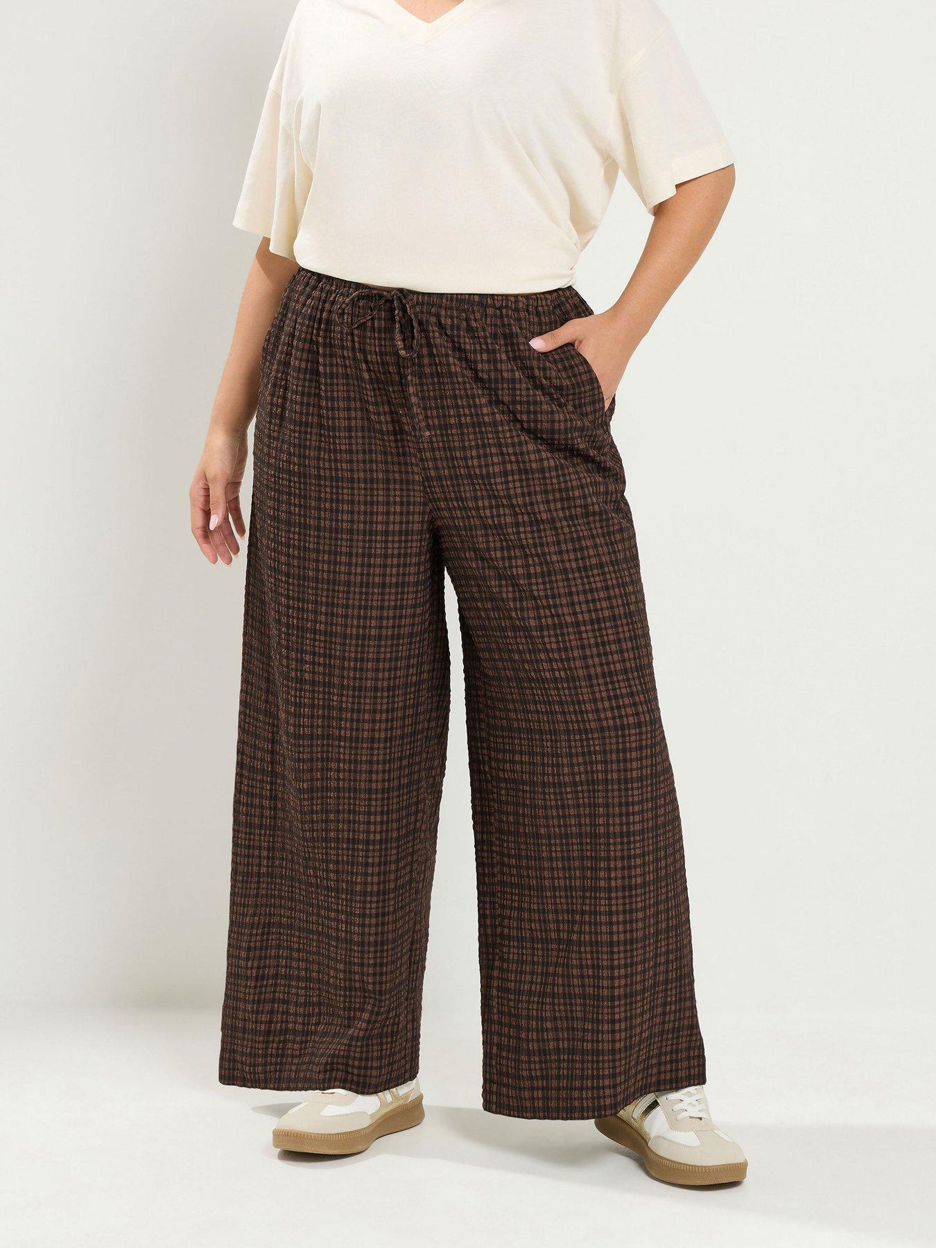 Yours Curve Gingham Wide Leg 30" Trousers - Brown