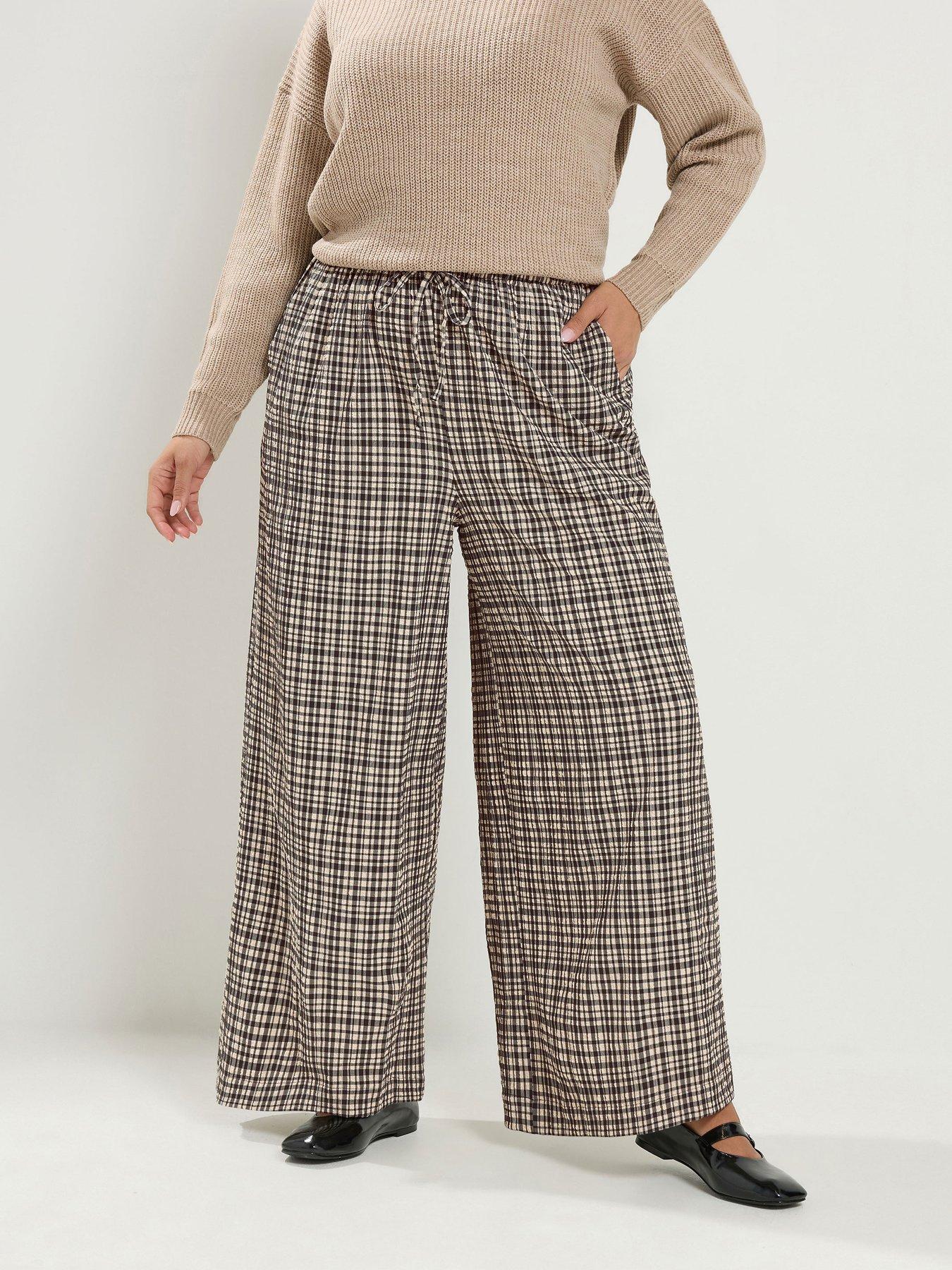 Image 1 of 4 of Yours Curve Checked Wide Leg 28" Trousers - Brown