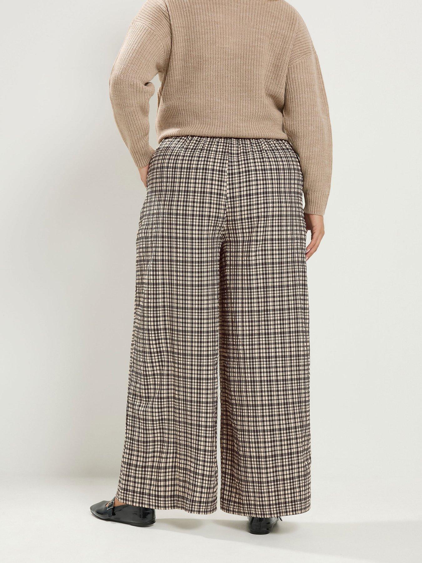Image 2 of 4 of Yours Curve Checked Wide Leg 28" Trousers - Brown