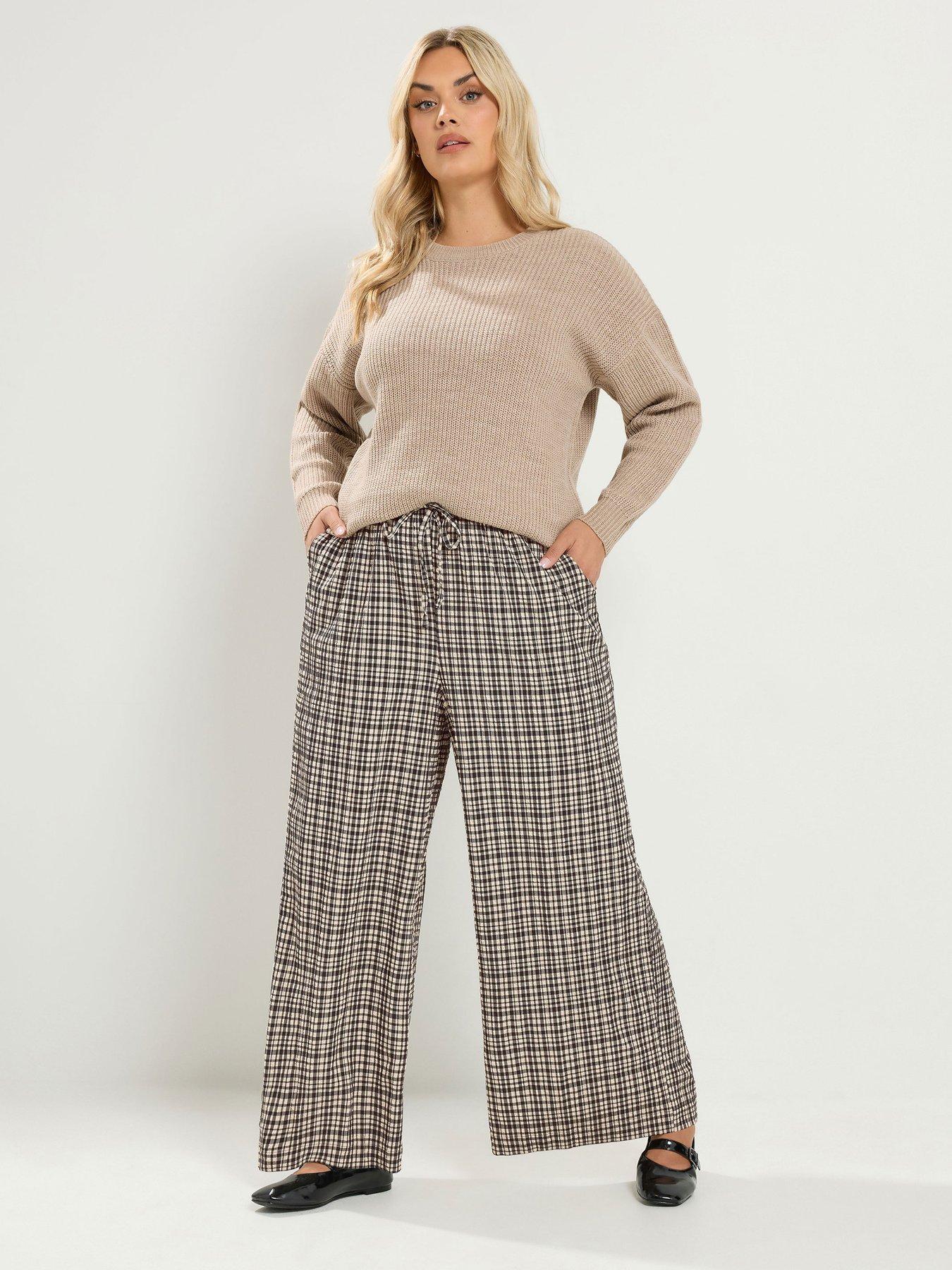 Image 3 of 4 of Yours Curve Checked Wide Leg 28" Trousers - Brown